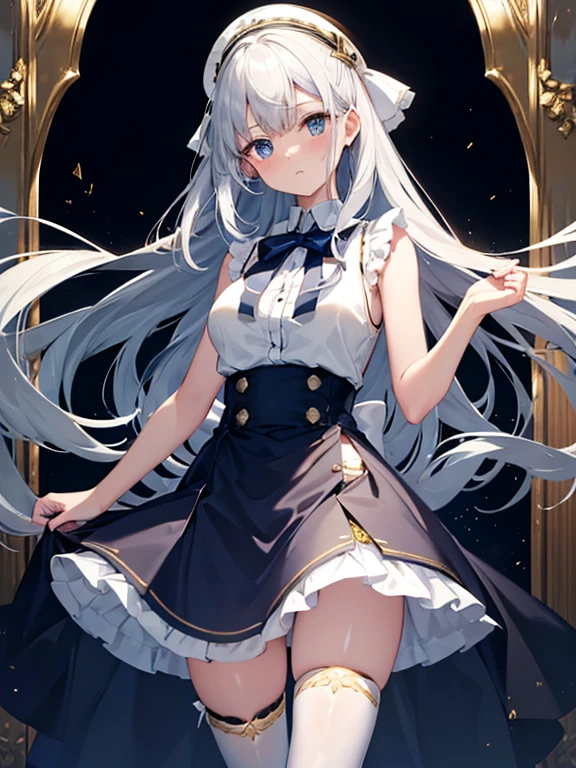 Portrait of a girl with long silver hair、Sleeveless, High collar white button front shirt、Navy cameo with gold trim、Large Ribbon Tie、Navy blue high waist flared miniskirt with bustier、voluminous white underskirt、White socks above the knee