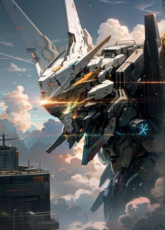 sky, cloud, holding_weapon, no_humans, glowing, robot, above a city, glowing_eyes, mecha, science_fiction, in the sky, realistic, mecha