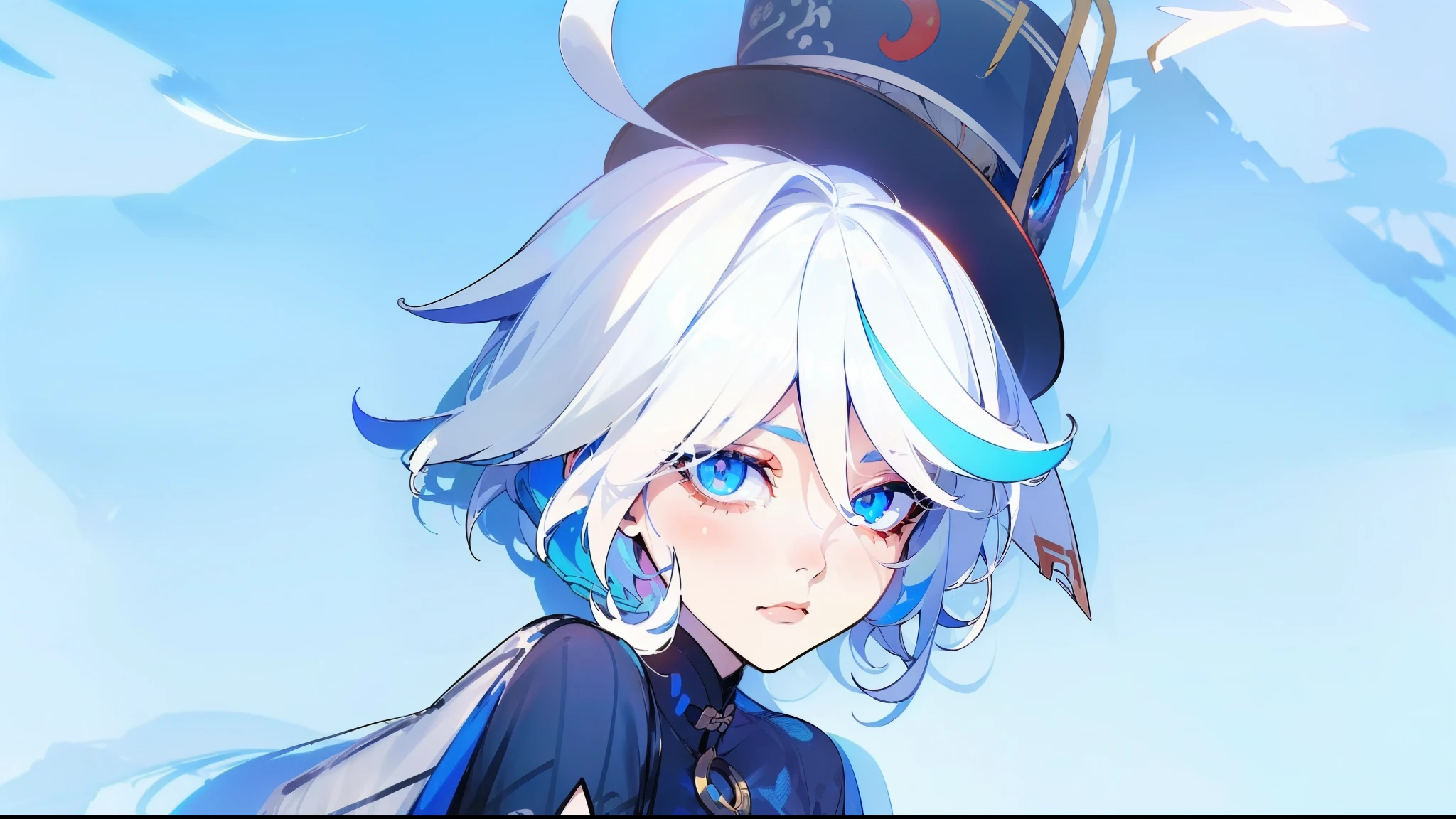 (((1个Giant Breast Girl))), ((shadeemale focus, tmasterpiece, high qulity, (tmasterpiece:1.2), (Better quality:1.2), Glowing skin, Realist, a gorgeous, intrincada, ((White hair)), (short detailed hair), blueneyes, cat eyes, streaked, hair between eye, lookingat_Show on the_peeping at the viewer, Red_eyeline, frequency hopping, wearing a blue hat, Sad eyes, looking at viewert, Pupil constriction, dynamicposes, (shadows cast over face:1.3), Sexy expression , (The upper part of the body), Tradition Chinese Ink Painting, (Sexy serious)