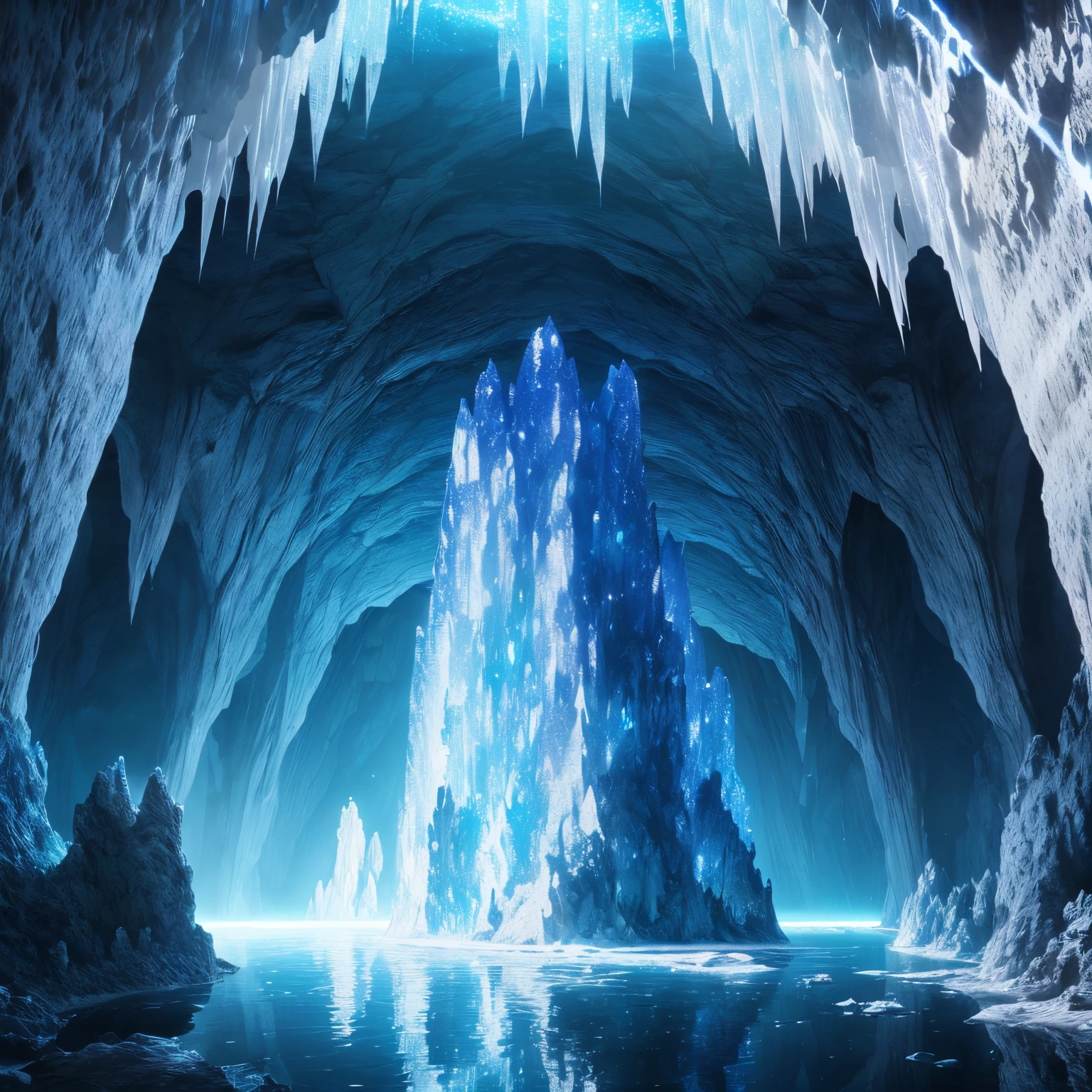 super high quality, 8k, RAW photo, realistic, detailed and delicate depiction, iridescent big crystal crystal, limestone cave made of shining crystal, luminescence, water veins, professional flare lighting