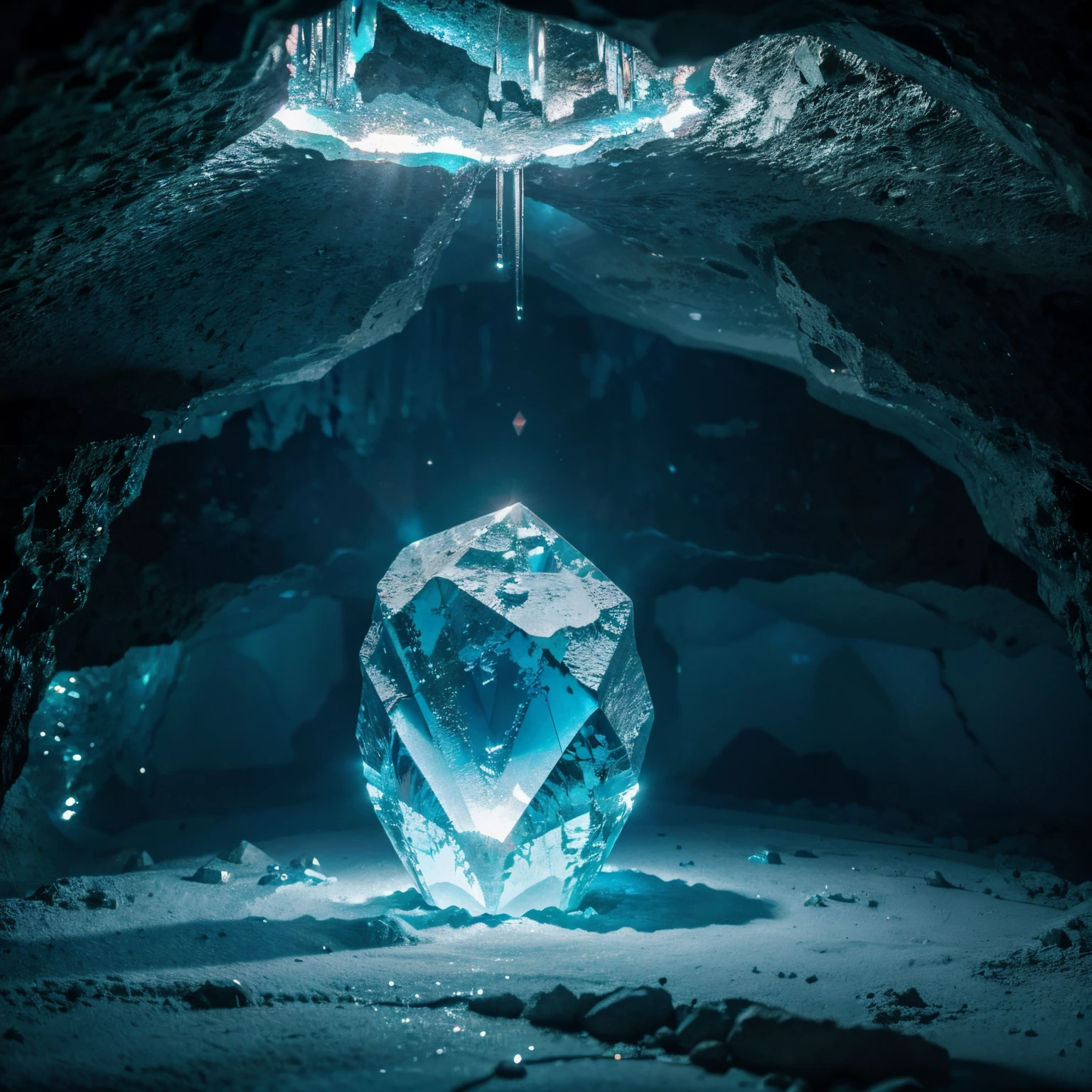 super high quality, 8k, RAW photo, realistic, detailed and delicate depiction, iridescent big crystal crystal, limestone cave made of shining crystal, luminescence, water veins, professional flare lighting