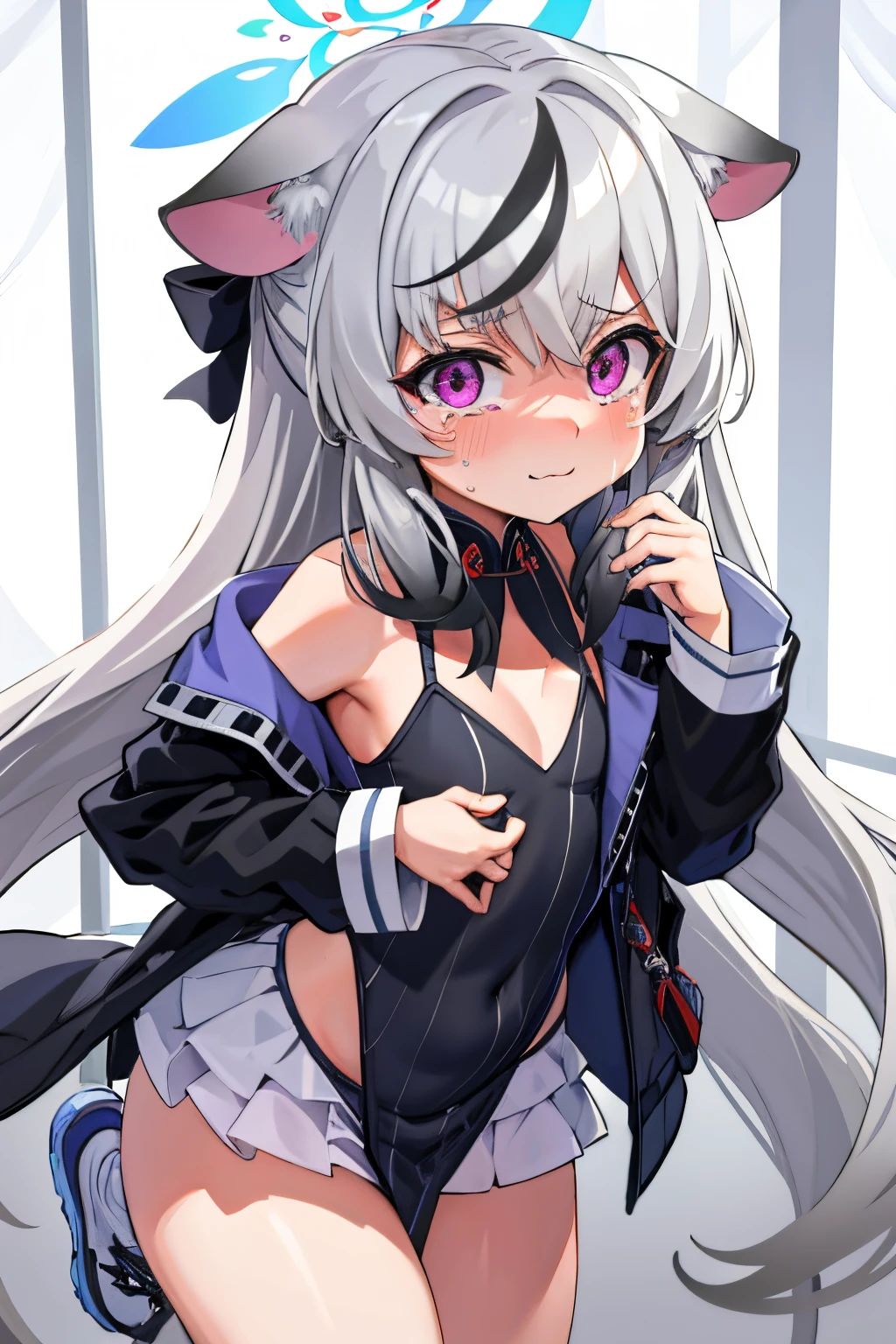 tmasterpiece, best qualtiy, ultra - detailed, 1girll,Gray hair Kokona, inside in room, Purple eye, :3,the face, tears, closeup cleavage, in a bikini, at school