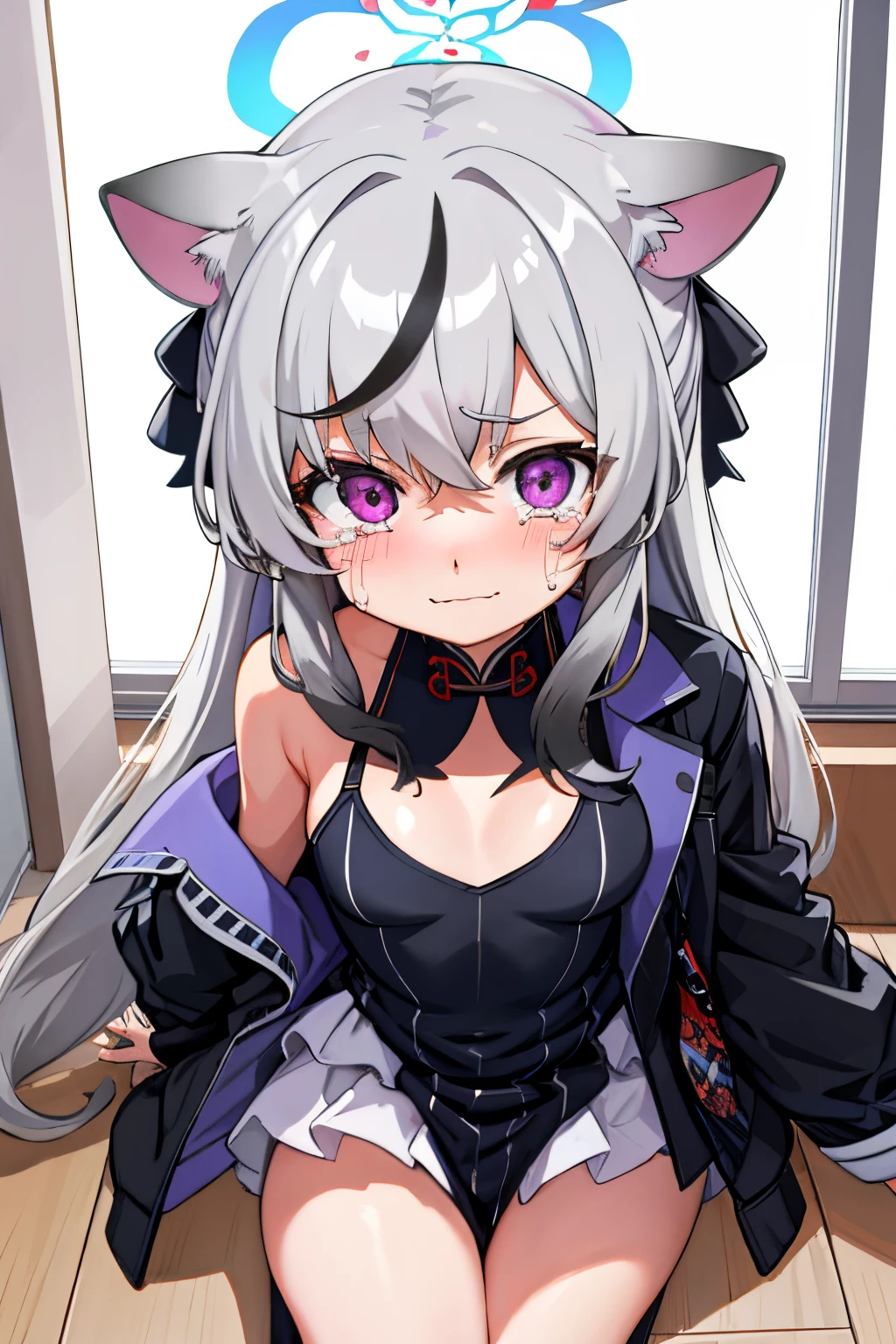 tmasterpiece, best qualtiy, ultra - detailed, 1girll,Gray hair Kokona, inside in room, Purple eye, :3,the face, tears, closeup cleavage, in a bikini, at school