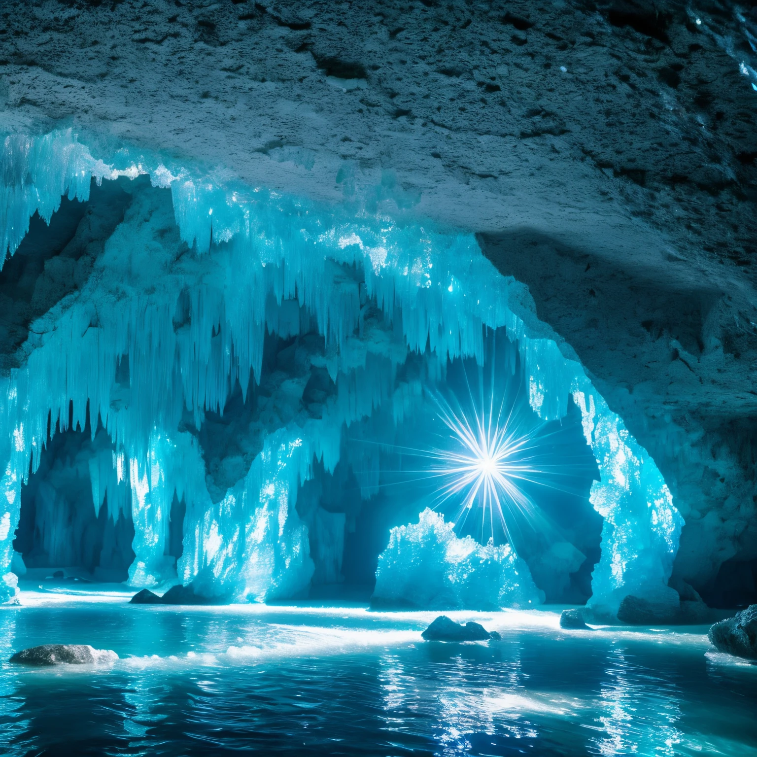 super high quality, 8k, RAW photo, realistic, detailed and delicate depiction, iridescent big crystal crystal, limestone cave made of shining crystal, luminescence, water veins, professional flare lighting
