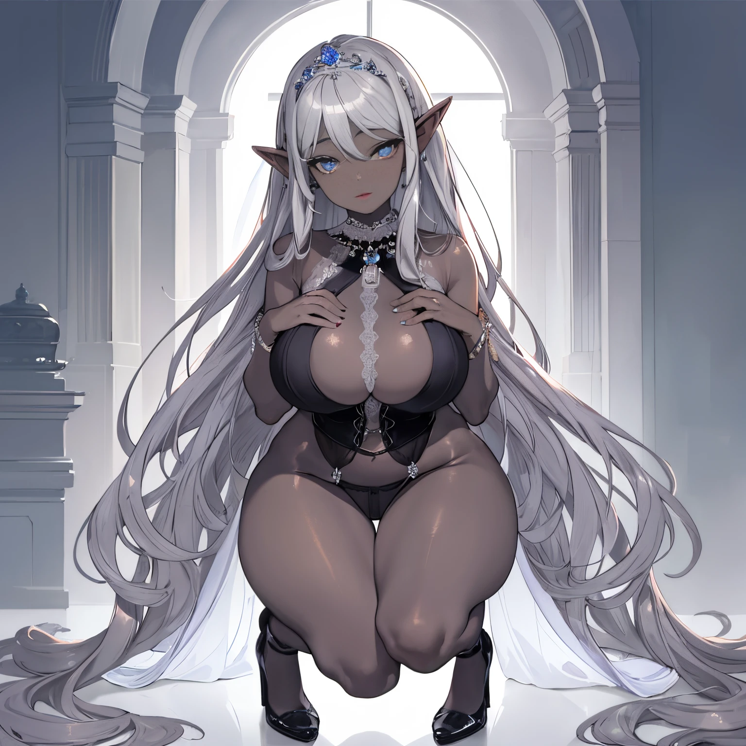 1 girl Big dark-skinned elf, grey hair, hot figure, big beauty, delicate and beautiful face, full body portrait, big eyes, beautiful face, big, transparent tulle, sexy and alluring, plump body, hands on chest, perfect body proportions