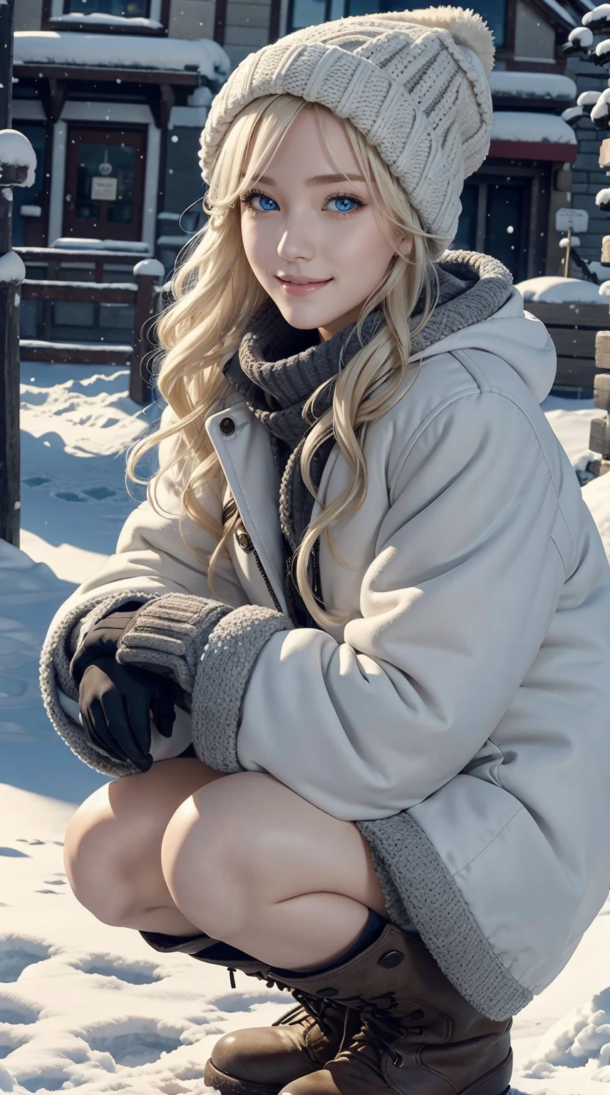 25-year-old Caucasian woman、platinum-blonde、blue eyess、Semi-long、My hair is wavy、a smile、a smile、slim muscular body、I don't want my head to disappear from the screen.、Wearing a duffel coat、wearing woolen gloves、I'm in a snowy town、wearing a woolen hat、I'm wearing a muffler、Squatting、Facing to the side、I'm wearing long boots