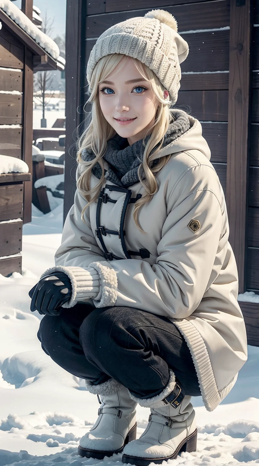 25-year-old Caucasian woman、platinum-blonde、blue eyess、Semi-long、My hair is wavy、a smile、a smile、slim muscular body、I don't want my head to disappear from the screen.、Wearing a duffel coat、wearing woolen gloves、I'm in a snowy town、wearing a woolen hat、I'm wearing a muffler、Squatting、Facing to the side、I'm wearing long boots