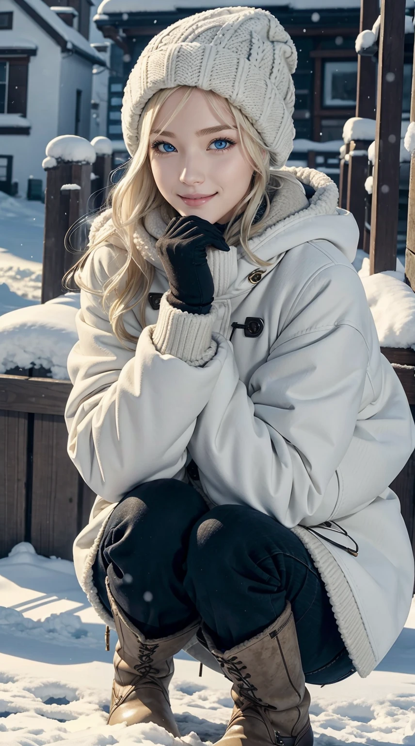 25-year-old Caucasian woman、platinum-blonde、blue eyess、Semi-long、My hair is wavy、a smile、a smile、slim muscular body、I don&#39;t want my head to disappear from the screen.、Wearing a duffel coat、wearing woolen gloves、I&#39;m in a snowy town、wearing a woolen hat、I&#39;m wearing a muffler、Squatting、Facing to the side、I'm wearing long boots