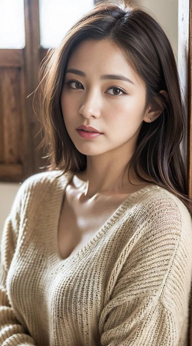 1girl,((female)),(25yo:1.3),(japanese,cool beauty:1.2),(photo realistic,perfect anatomy:1.3),(hyper detailed, masterpiece:1.2), best quality,RAW photo, exquisite, beautiful ,((Cowboy Shot)),sharp focus, depth of field ,blur background, bokeh ,Lens Flare, Ray tracing,Cinematic lighting,Tight knit dress、Beige tops、City View、by the window、sit by the window,Long、waved hair、huge tit