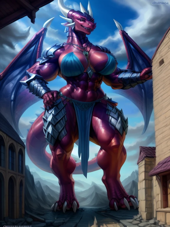 uploaded on e621, (female anthro dragon), standing, solo, muscle, detailed scale texture, old castle, (battlefield), (tribal clothing, ((long loincloth))), (shoulder armor, leg armor), blue body, white belly, dawn, shaded, dim environment, (art by chunie, (drakgem), ((rakisha)), (kontanagamori)), (front view), looking pleasured, [simple background], detailed pupils, masterpiece artwork, caustics, rim lighting, single light source, sharp shadows, solo portrait, (digitgrade, toe claw), (kemono), by inessa garmash, greg rutkowski, pino daeni, ruan jia, cynder, cynder dragon planet size body giantess dragon gaint wings standing on buildings dragon destroyed buildings lineup stuck between buildings jewel necklace detailed eyes The building collapsed when a giant dragon sat on the building What people are watching, golden armored, golden armor plate, breasts armor plate, thick bulky body, thick body, chunky body, muscular body, giant body, bulk up, whole body picture, fullbody, bikini armor, dragon wearing bikini armor, long loincloth, day time, purple body, purple skin