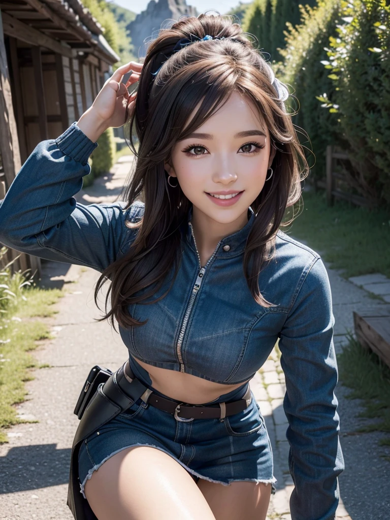 Photo ultra-réaliste du streamer Twitch Pokimane, yeux ultra realiste, 8k, très détaillé, (Grand sourire), boucles d'qualité des oreilles)),((détail élevé)), (Combinaison moto), (POV en haut), (photographie moyenne complète), Détails complexes, Post-production 8K, résolution élevée, Super détail, mise au point nette, Effet de lumière Unreal Engine5, Effet de flou, arrière plan paysage américain au bord de la route