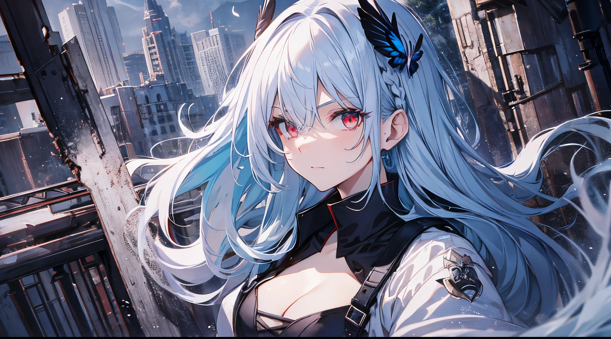 ((tmasterpiece:1.4, Best quality at best))+, (hyper-detailing)+, (exquisite red eye:1.5)+, (Detailed ears:1.5), (cute girls), (The shirt,a white long skirt:1.5), Tight white silk, short detailed hair, long braid,(Black flowers:1.2), pale-skinned, (white cloth:1.5), (Black Martin boots:1.4), old castle,Black dead trees around, The whole city shrouded in thick fog,Mechanicalweapon, delicate legs, Red butterfly,foamy,Huge ruins,Huge black crystals are scattered throughout the city,Flying dust,(hunters:1.1), (dawn light:1.2), ), (closeup cleavage:1.1), the only person, bell, bright blue hair, hair covering one eye, V-shaped eyebrows, Gloom (Expressing the), from back, from the above, Best quality at best, A high resolution, high detal, high high quality, 16k