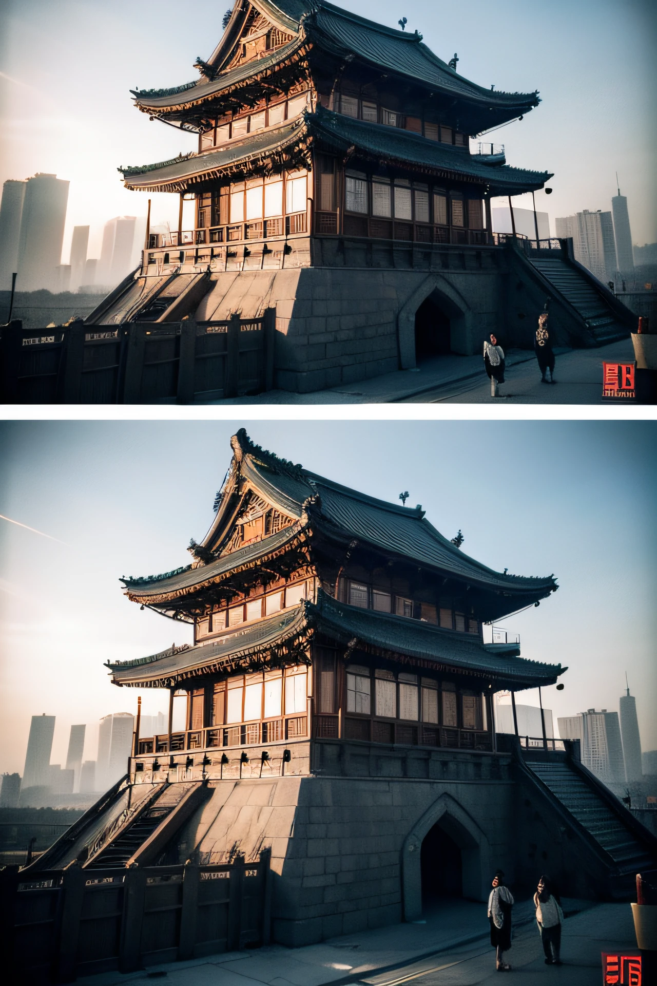 Tang Dynasty architectural appearance，cyber punk personage，Cyber Datang，Xieshan double eaves，sense of science and technology，