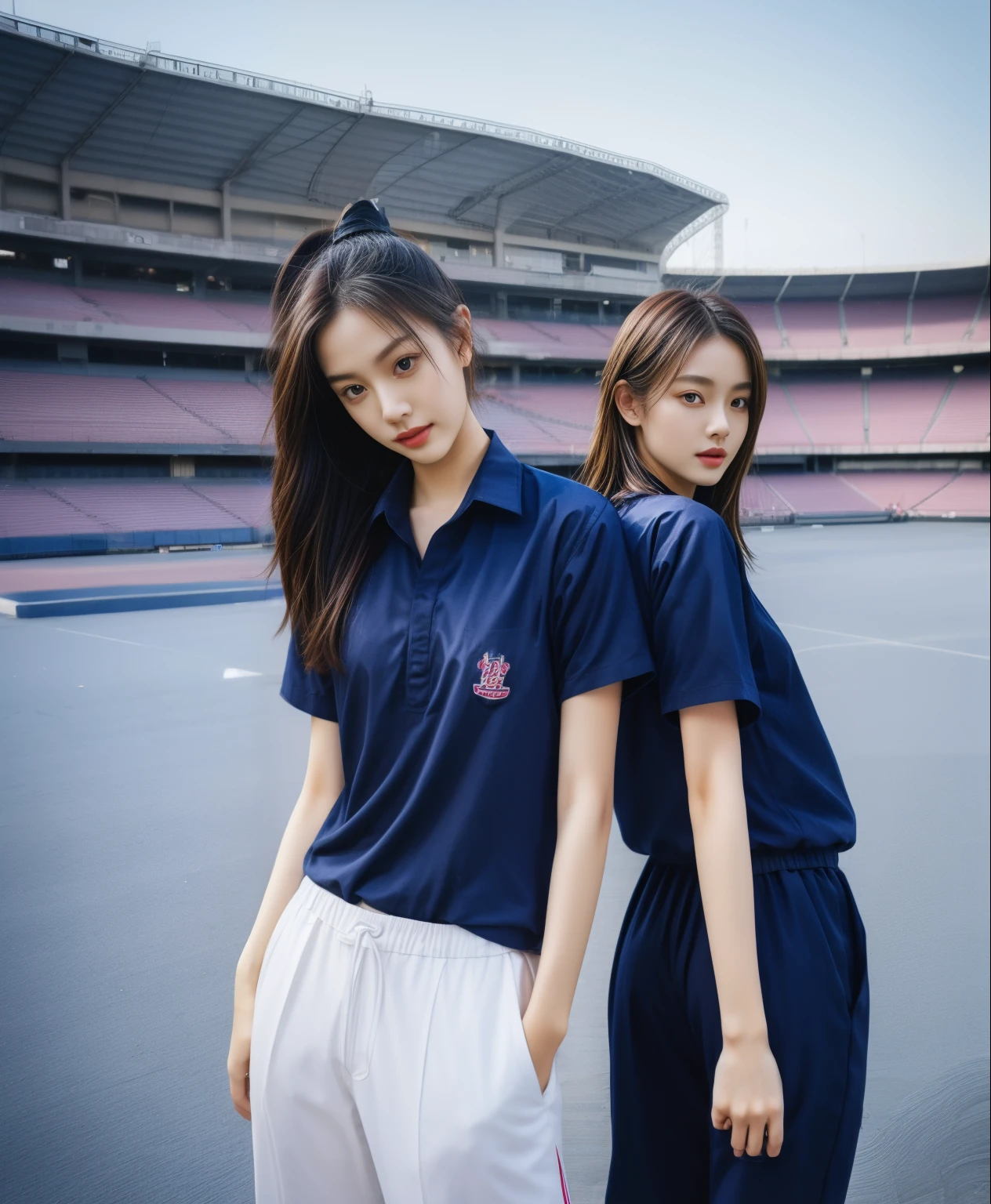 (bestquality,10,10,highres,masterpiece:1.2),ultra-detail,(Realistic,photorealistic portrait,photo-realistic:1.37),1 Cute girl in the football field,oily shiny skin,bara,light smile,BDclothelue shirt:1.3)),short sleeves,shirt, trousers.,(navy_long_Pants Track:1.1), ((Stadium Background:1.3)),dynamic angle,excited,face focus,Dynamic Poses,from behide,Ass Focus,masterpiece, bestquality, ultra realistic, hyper-detail, 8k resolution, RAW photo, crisp focus, ((Navy blue shirt:1.1)), short sleeves, Long Path, Perfect body, 2 mature women, 18yo, cinematic light,Blue sweatpants,Gymware,Correct anatomy,Complete body, Correct body, sharp face, Anatomically correct body, full entire body, Realistic gestures, long-haired, Realistic poses,Wear long shorts...................................,Long leg span,Shapely,Sculpting Girl, Slender Figure, mannequin mannequins, Shapely, Beautiful body,Blue sweatpants, Two girls kissing