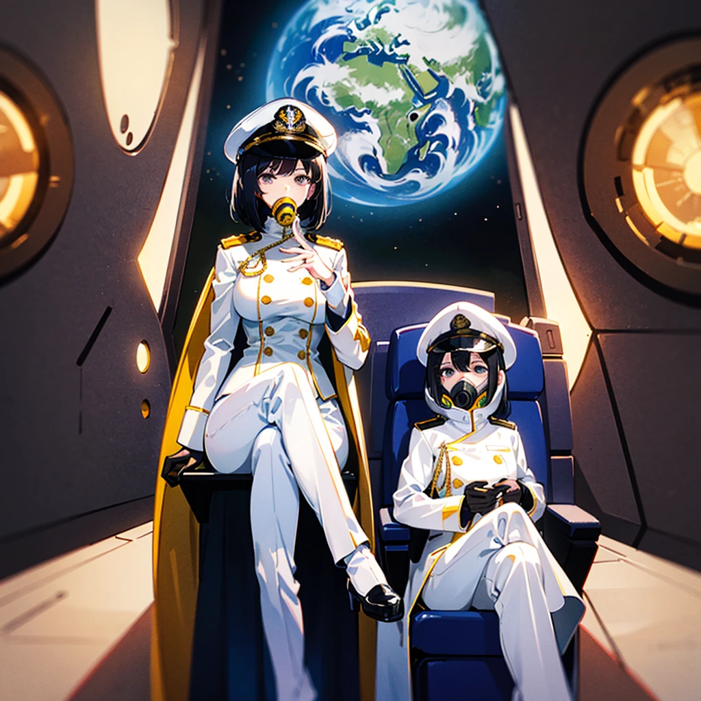 (((masterpiece)))、(((Top image quality)))、(((top-quality)))、(Illustration of one woman)、full bodyesbian、30-years old、(Viceroy)、Black hair bob cut、((Face covering gas mask))、Gray eyes、((Tall))、((huge tit))、((Military uniforms))、((Military Cap))、((Military coat))、(white clothes)、(White pants)、(White cap)、trench coat、((Inside the spaceship、Sitting in the captain's seat))、(Outside the window、kosmos、Earth seen from space、Spaceport)