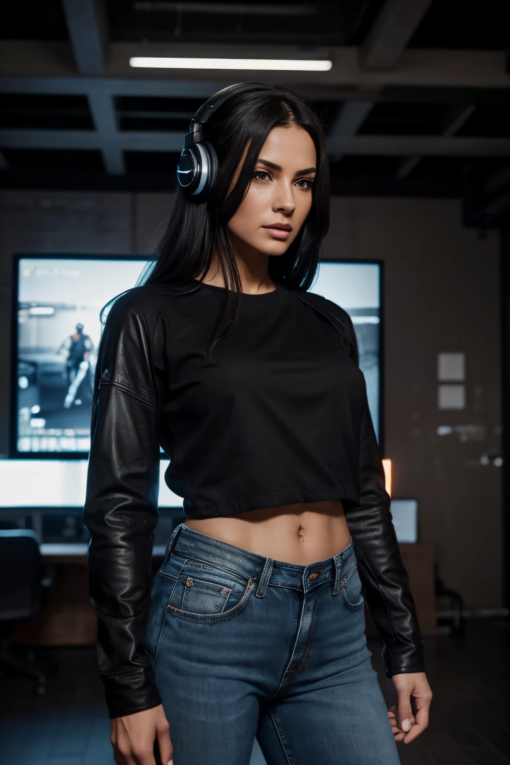 photorealistic:1.4, masterpiece, best quality, solo, Detailed face:1.2, perfectly proportions, photos realistic, ,Photo of mature athletic Instagram model, raw , long black hair, black t-shirt, black jacket, denim pants, blurry background, eye focus, cowboy shot, lan party background, gaming pc, headphones, facing front, dramatic light, cinematic light, realistic, realism