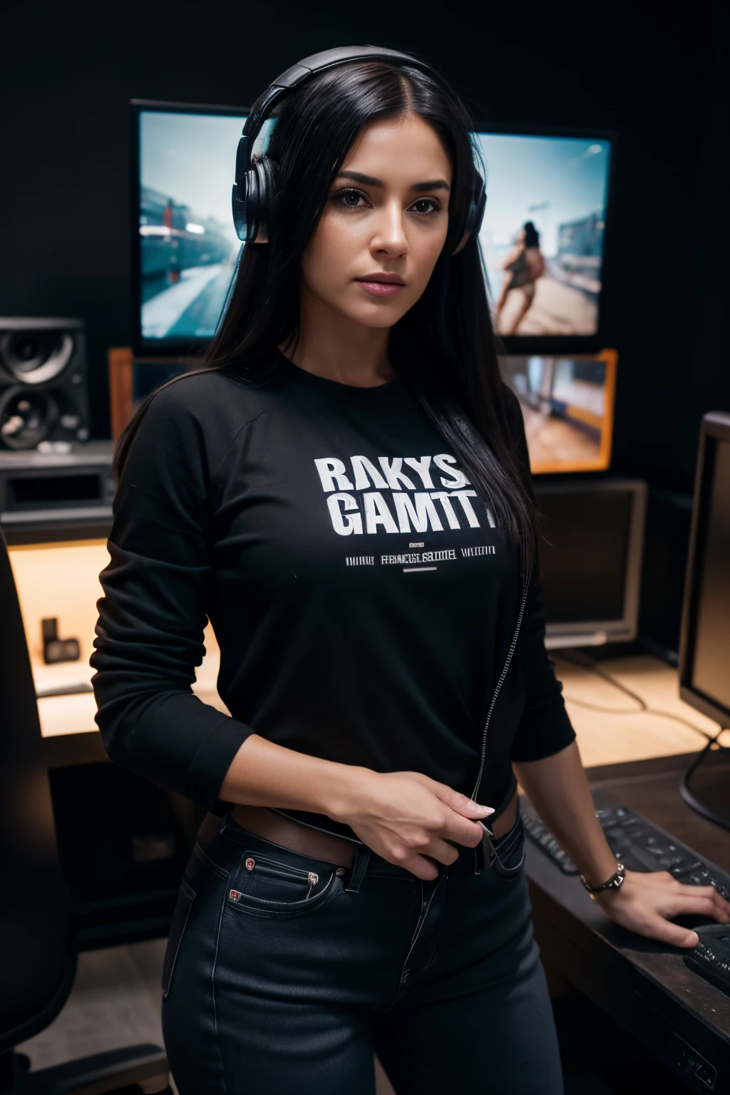 photorealistic:1.4, masterpiece, best quality, solo, Detailed face:1.2, perfectly proportions, photos realistic, ,Photo of mature athletic Instagram model, raw , long black hair, black t-shirt, black jacket, denim pants, blurry background, eye focus, cowboy shot, lan party background, gaming pc, headphones, facing front, dramatic light, cinematic light, realistic, realism