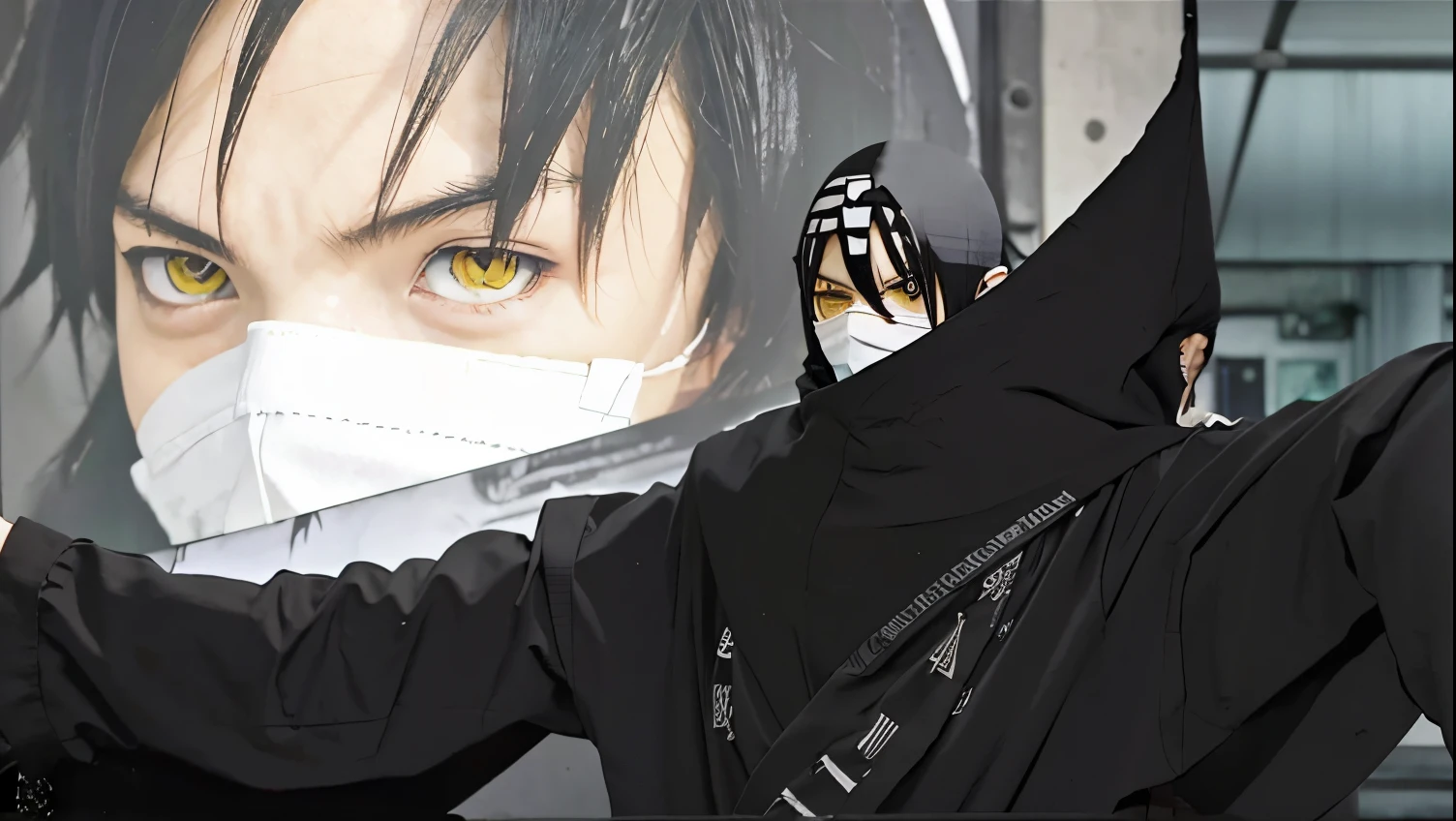 Anime boy, anime style, soul eater style, Black clothes, black long hair boy, shinigami boy, mask in face, long hair boy, yellow eyes, shinigami eyes, shinigami cloak