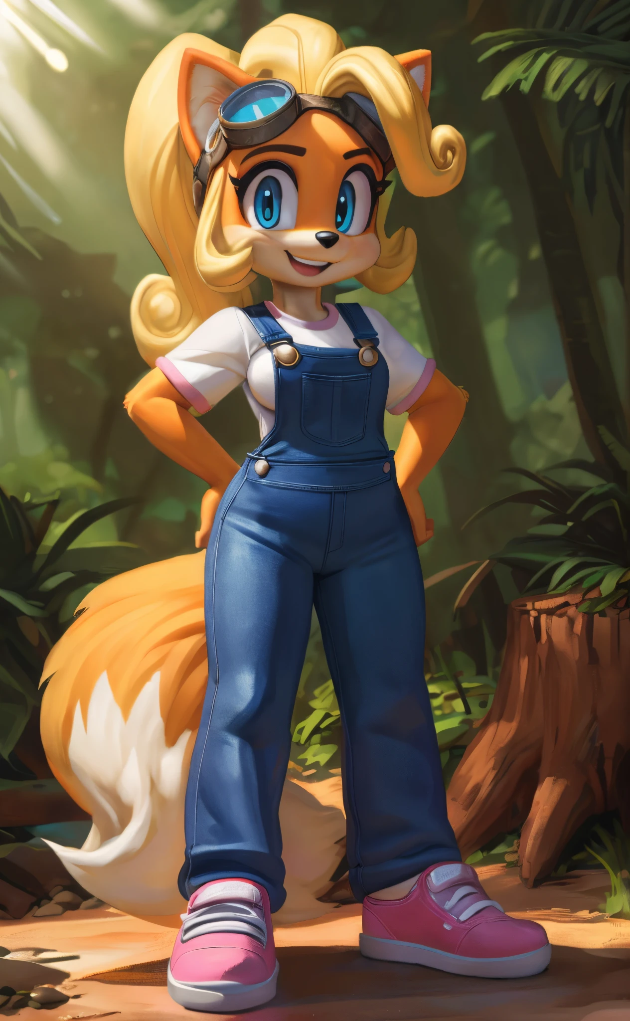 [miles tails prower], [Coco bandicoot], [Uploaded to e621.net; (Pixelsketcher), (wamudraws)], ((masterpiece)), ((HD)), ((solo portrait)), ((full body)), ((front view)), ((shoes visible)), ((furry; anthro)), ((detailed fur)), ((detailed shading)), ((beautiful render art)), (intricate details)), {anthro fox; yellow fur, (white furry snout), black nose, (cute blue eyes), (pink eyeshadow), blonde curly hair, curly ponytail, (two long fluffy fox tails), (small boobs), (curvy hips), (excited smile), (mouth open)}, {(white shirt), (blue denim overalls), (tight pants), (pink sneakers), (goggles on head)}, {(standing), (hands on hips), (looking at viewer)}, [background; (tropical forest), (tree stump), (sun rays), (pink laptop in background)]