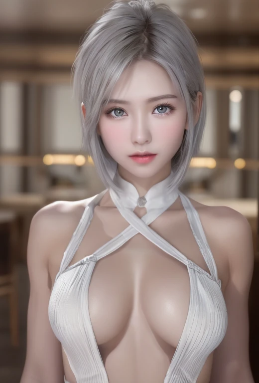 (8K, Photorealistic, Raw photo, of the highest quality: 1.3), (1girl in), Super beautiful, (Realistic face), (boyish, Silver Color Berry Shorthair), Beautiful , Glare that captivates the viewer, Beautiful expression, Beautiful breasts, (Realistic skin), whole body, Posing