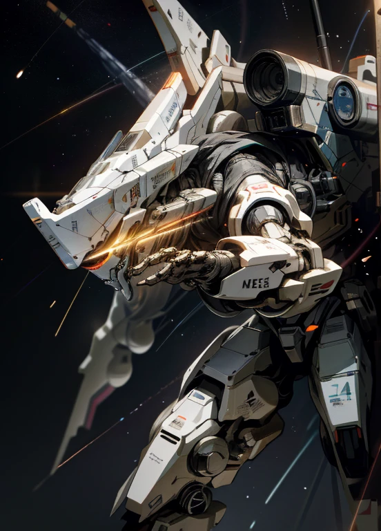 Earth orbit, space, holding_weapon, no_humans, glowing, robot, space battle, glowing_eyes, mecha, science_fiction, space, realistic, mecha