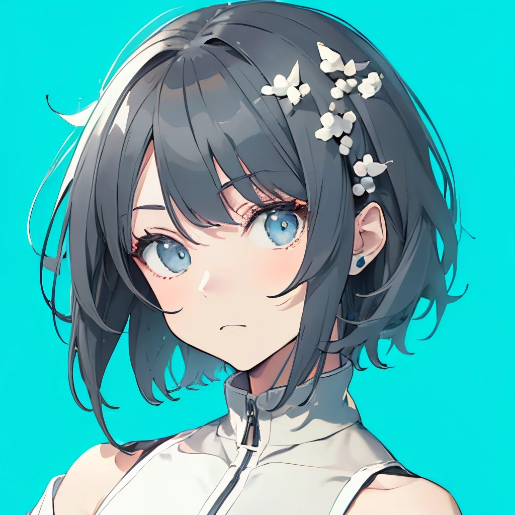 (masutepiece:1.2, Best Quality),  [girl, Manteau, expressioness, Turquoise eyes, front facing, jet-black hair,half short cut hair, Jacket comes off, Upper body] (Gray white background:1.7),