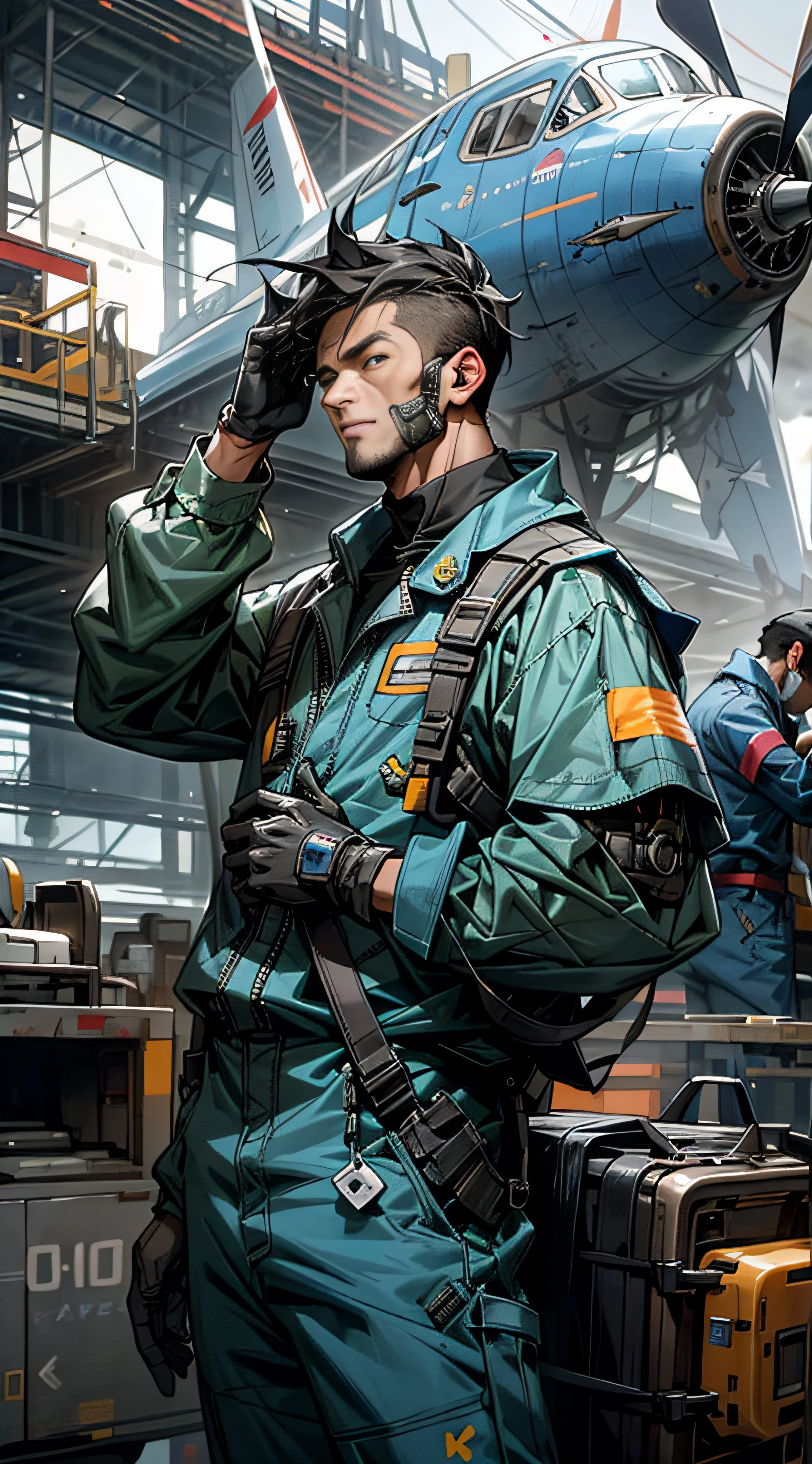 A group of male maintenance workers wearing blue jumpsuits，repair airplane，Carefully maintain aircraft，delicated face，perfect hand