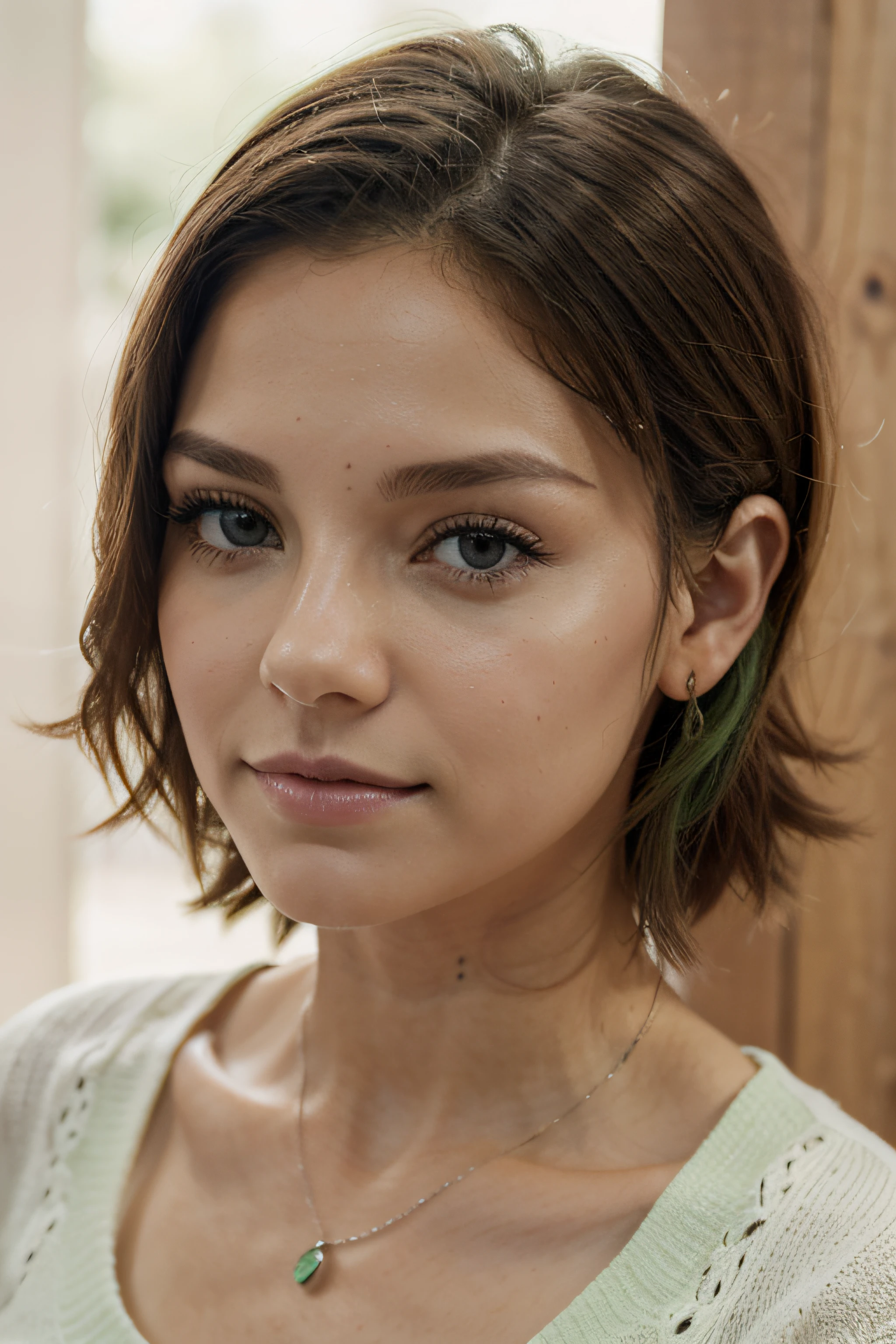 1girls, Nur, green Hair , 24 years old , ((best quality)), ((masterpiece)), (detail), create a hyperrealistic digital portrait of a 24-year-old girl with perfect facial features, exuding youth and beauty. The person should have short hair at shoulder length, slightly above the shoulder, with green hair tips, especially green, and should be adorned with an elegant black dress complemented by a diamond necklace. Attention to detail is essential to hyperrealism, which includes lifelike skin texture, intricate hair strands, and precise highlights when wearing glasses. Place the subject against a photo studio background, aiming to produce an image that is virtually indistinguishable from a high-resolution photograph.Best Quality, 8K, Masterpiece:1.3)), Focus: 1.2, Perfect Body Beauty: 1.4, Hips: 1.2, , High Detail Facial and Skin Texture, Thin Eyes, Double Eyelids, , Smile, Wear fancy hair accessories in your hair and elegant diamond earrings in your ears.