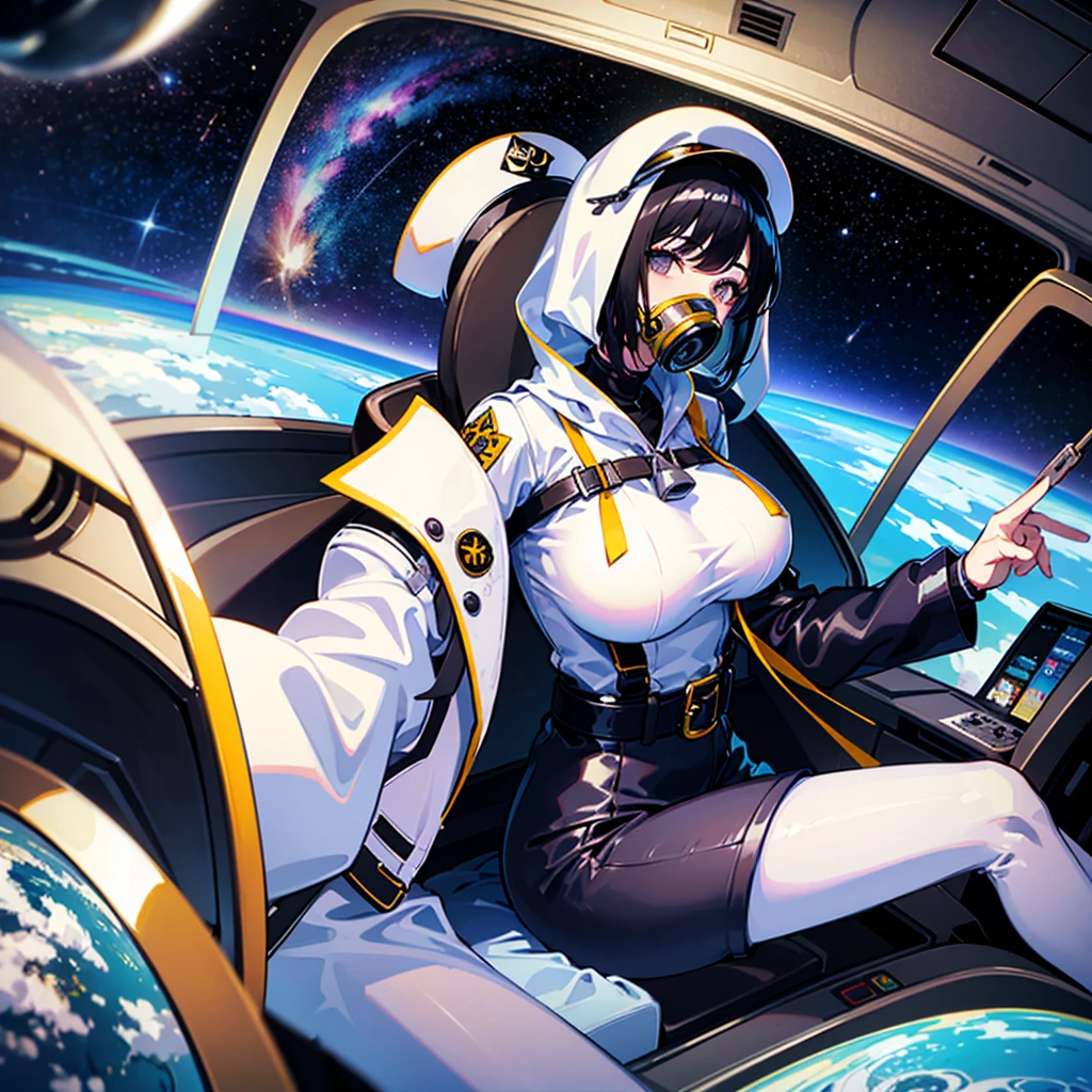 (((masterpiece)))、(((Top image quality)))、(((top-quality)))、(Illustration of one woman)、full bodyesbian、30-years old、(Viceroy)、Black hair bob cut、((Face covering gas mask))、Gray eyes、((Tall))、((huge tit))、((Military uniforms))、((Military Cap))、((Military coat))、(white clothes)、(White pants)、(White cap)、trench coat、((Inside the spaceship、Sitting in the captain's seat))、(Outside the window、kosmos、Earth seen from space、Spaceport)