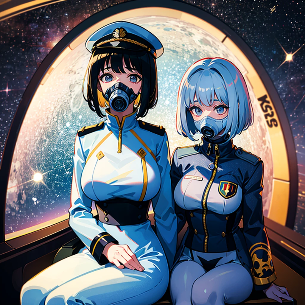 (((masterpiece)))、(((Top image quality)))、(((top-quality)))、(Illustration of one girl)、full bodyesbian、30-years old、(Viceroy)、Black hair bob cut、((Face covering gas mask))、Gray eyes、((Tall))、((huge tit))、((Military uniforms))、((Military Cap))、((Military coat))、(white clothes)、(White pants)、(White cap)、trench coat、((Inside the spaceship、Sitting in the captain's seat))、(Outside the window、kosmos、Earth seen from space、Spaceport)