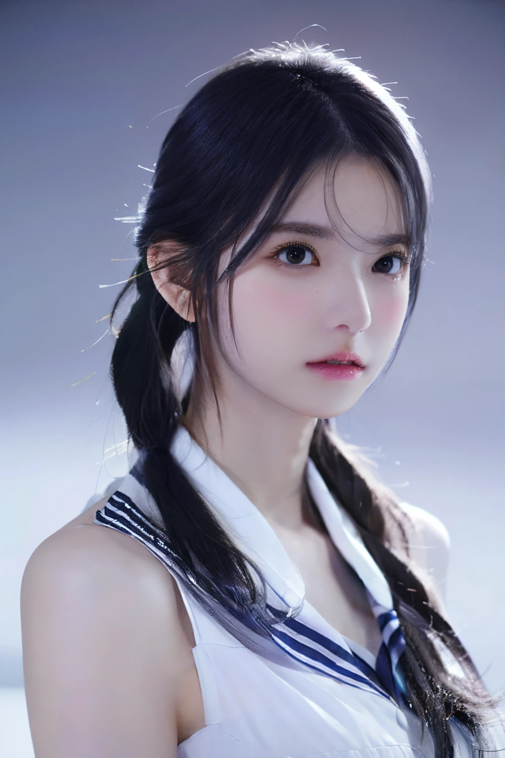 tmasterpiece,Best quality at best,A high resolution,8K,(sporty attire),((Upper half close-up)),(RAW photogr),real photograph,digital photography,(Stewardess:1.2),(Professional women),20岁女孩,random hair style,Red eye circles and blue gradient hair),Serious and obsessed,Chopping, fittings,Redlip,shut up,elegant and charming,Serious and arrogant,Calm and handsome,(white woman&#39;business dress),Photo pose,Realisticstyle,gray world background,oc render reflection texture，frontage