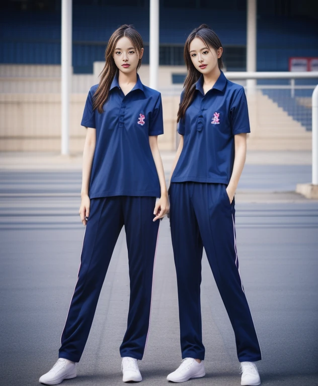 (bestquality,10,10,highres,masterpiece:1.2),ultra-detail,(Realistic,photorealistic portrait,photo-realistic:1.37),1 Cute girl in the football field,oily shiny skin,bara,light smile,BDclothelue shirt:1.3)),short sleeves,shirt, trousers.,(navy_long_Pants Track:1.1), ((Stadium Background:1.3)),dynamic angle,excited,face focus,Dynamic Poses,from behide,Ass Focus,masterpiece, bestquality, ultra realistic, hyper-detail, 8k resolution, RAW photo, crisp focus, ((Navy blue shirt:1.1)), short sleeves, Long Path, Perfect body, 2 mature women, 18yo, cinematic light,Blue sweatpants,Gymware,Correct anatomy,Complete body, Correct body, sharp face, Anatomically correct body, full entire body, Realistic gestures, long-haired, Realistic poses,Wear long shorts....................................,Long leg span,Shapely,Sculpting Girl, Slender Figure, mannequin mannequins, Shapely, Beautiful body,Blue sweatpants, Two girls kissing