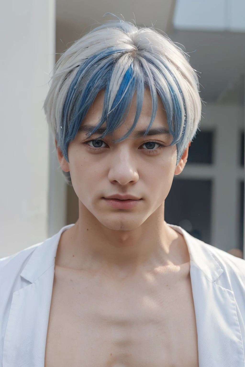 Jeon Jungkook, white hair and a blue streak in front. Piel muy blanca, camisa cuello alto blanca, ojos de bambi azules claro, en un fondo con nieve. cabello hasta los hombros.