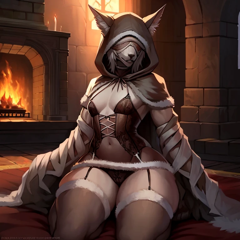 flat chest, vicar Amelia, massive hips, massive thighs, massive ass, femboy, staring lustfully, androgynous, werewolf, blind, hood, Christmas, bloodborne, monster, fireplace, thing, lingerie