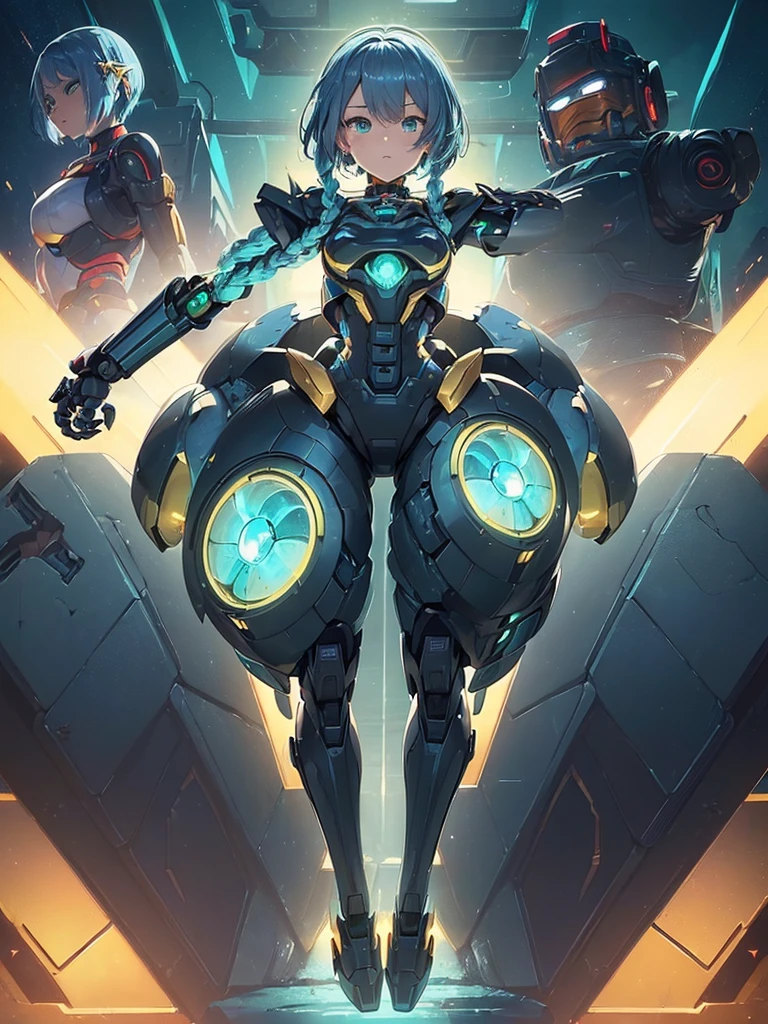 ((full body):1.5) (({1/woman}):1.5). Only {1/woman}: ((Wearing black mecha with golden parts, extremely tight on the body):1.3). Only {1/woman}: ((doing poses for the standing viewer):1.2). In a futuristic city completely destroyed with fire in the buildings and ((several robots running behind):1.4) of only {1/woman}. Only {1/woman} has ((very short blue hair with braids, green eyes):1.3), anime, anime style, 16k, ((best quality, super detail):1.5), masterpiece, UHD, ccurate