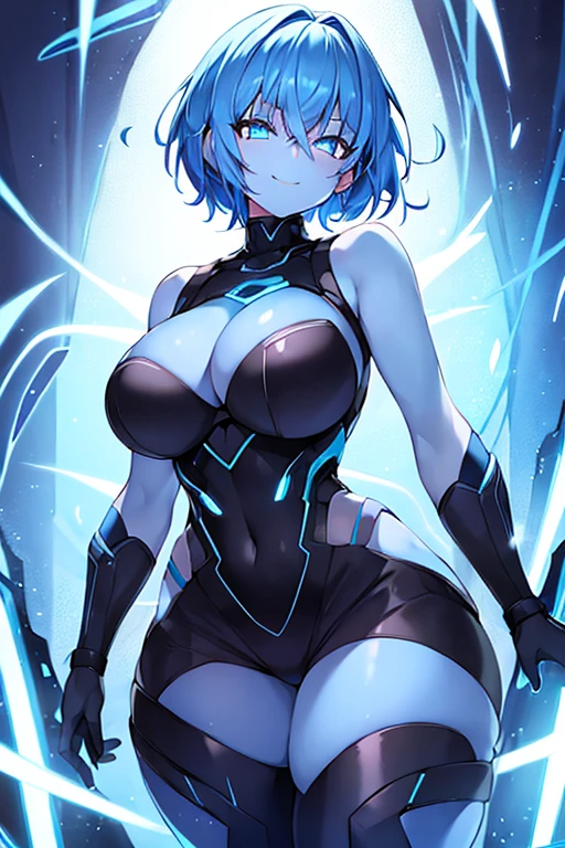1girl, blue hair, glowing hair, very short hair, short hair, blue eyes, glowing eyes, black skin, black body, black bodysuit, large breasts, breasts, wide hips, thick thighs, neon, blue neon, smile, smirk, smug