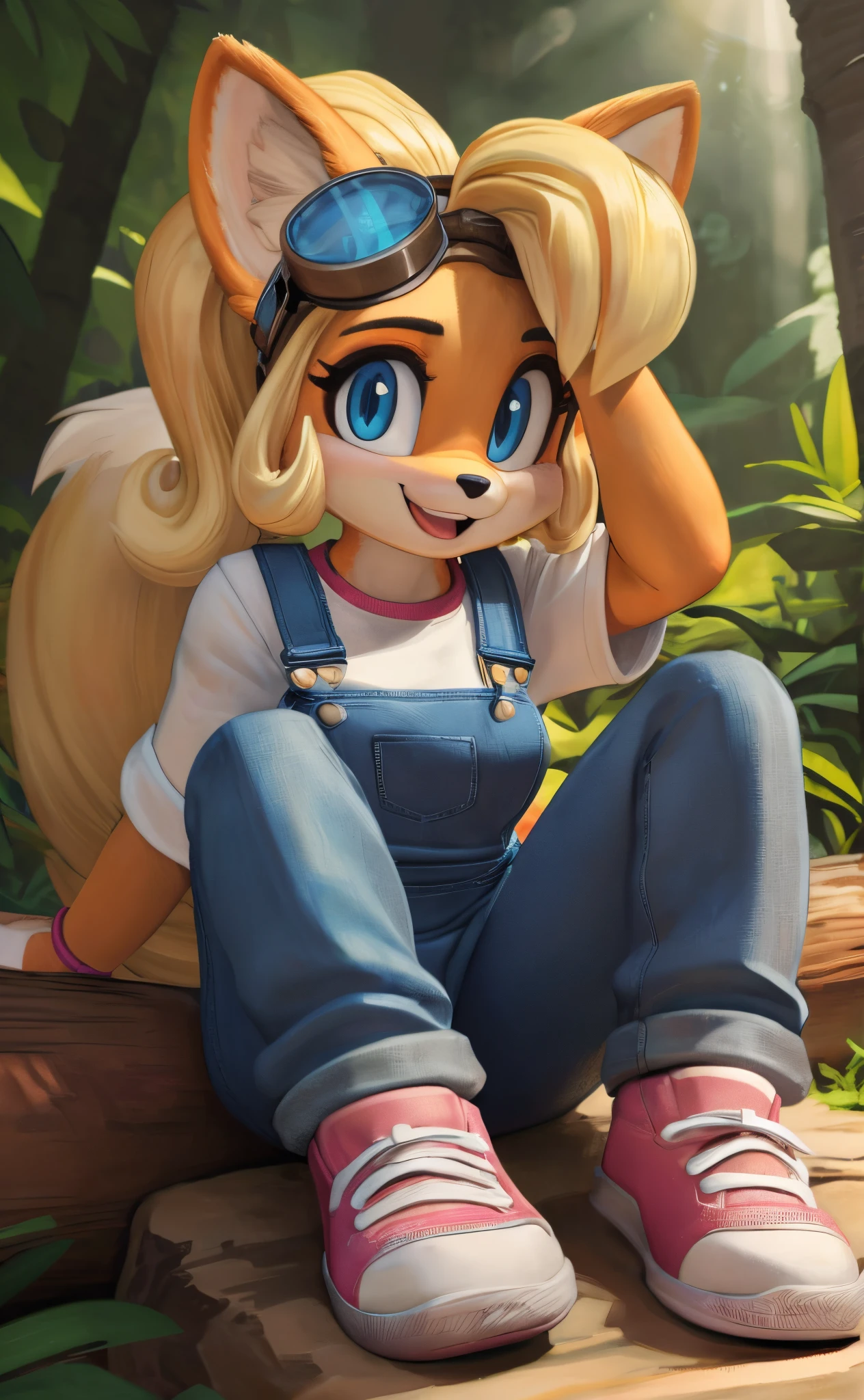 [miles tails prower], [Coco bandicoot], [Uploaded to e621.net; (Pixelsketcher), (wamudraws)], ((masterpiece)), ((HD)), ((solo portrait)), ((full body)), ((front view)), ((shoes visible)), ((furry; anthro)), ((detailed fur)), ((detailed shading)), ((beautiful render art)), (intricate details)), {anthro fox; yellow fur, (white furry snout), black nose, (cute blue eyes), (pink eyeshadow), blonde curly hair, curly ponytail, (two long fluffy fox tails), (small boobs), (curvy hips), (excited smile), (mouth open)}, {(white shirt), (blue denim overalls), (tight pants), (pink sneakers), (goggles on head)}, {(sitting on log), (hands on head), (looking at viewer)}, [background; (tropical forest), (trees), (beaten path), (blue sky), (sun rays)]