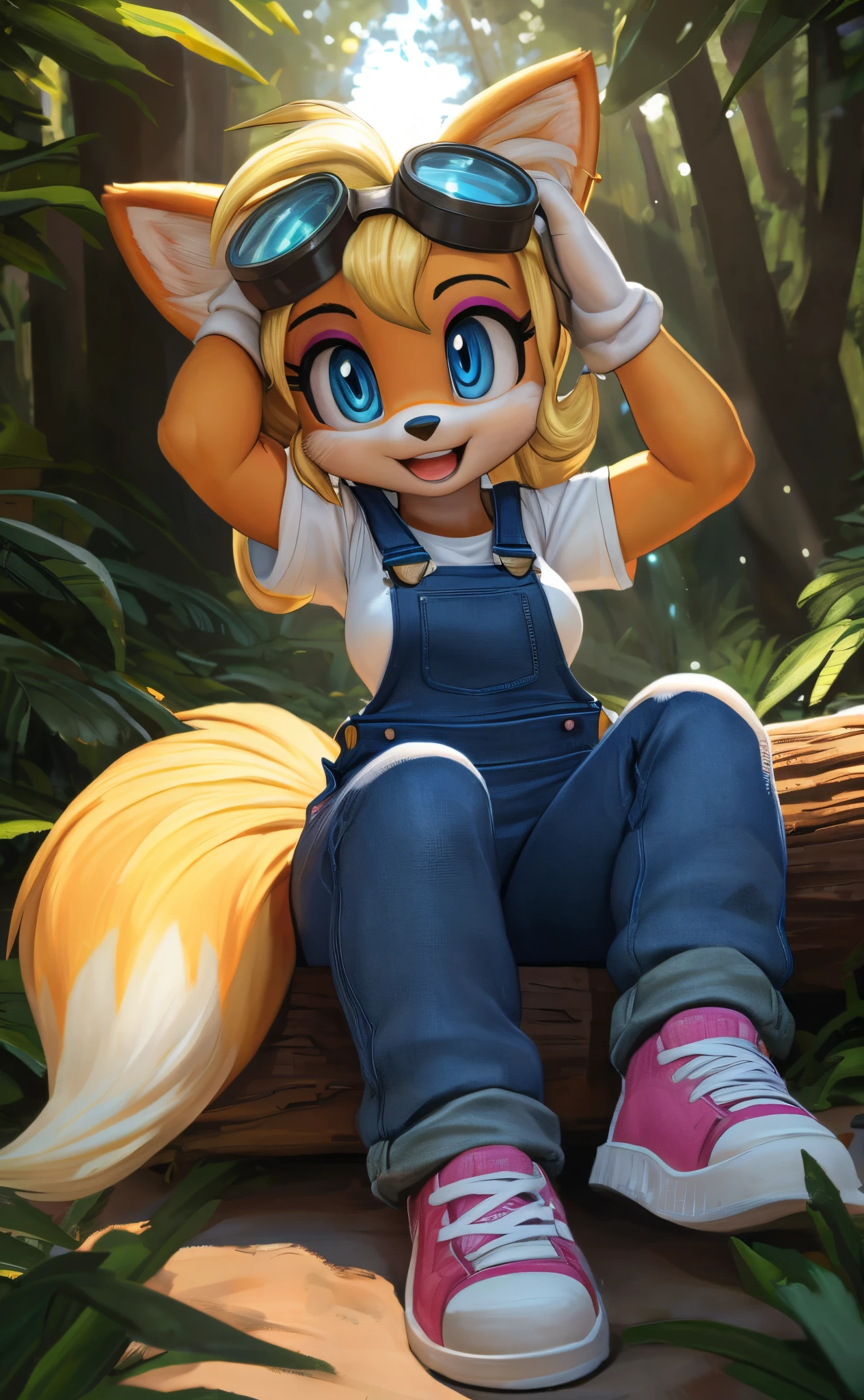 [miles tails prower], [Coco bandicoot], [Uploaded to e621.net; (Pixelsketcher), (wamudraws)], ((masterpiece)), ((HD)), ((solo portrait)), ((full body)), ((front view)), ((shoes visible)), ((furry; anthro)), ((detailed fur)), ((detailed shading)), ((beautiful render art)), (intricate details)), {anthro fox; yellow fur, (white furry snout), black nose, (cute blue eyes), (pink eyeshadow), blonde curly hair, curly ponytail, (two long fluffy fox tails), (small boobs), (curvy hips), (excited smile), (mouth open)}, {(white shirt), (blue denim overalls), (tight pants), (pink sneakers), (goggles on head)}, {(sitting on log), (hands on head), (looking at viewer)}, [background; (tropical forest), (trees), (beaten path), (blue sky), (sun rays)]