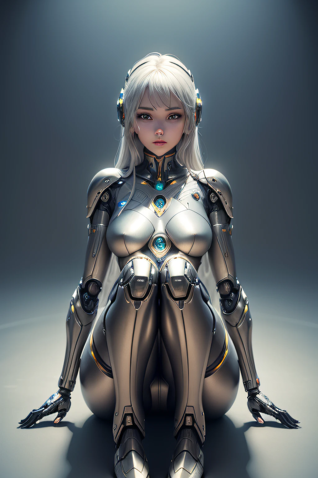 female robot sitting on lap Metallic body, nffsw, retinas, masutepiece, ccurate, Anatomically correct, Textured skin, Super Detail, high details, High quality, Best Quality, hight resolution, awardwinning