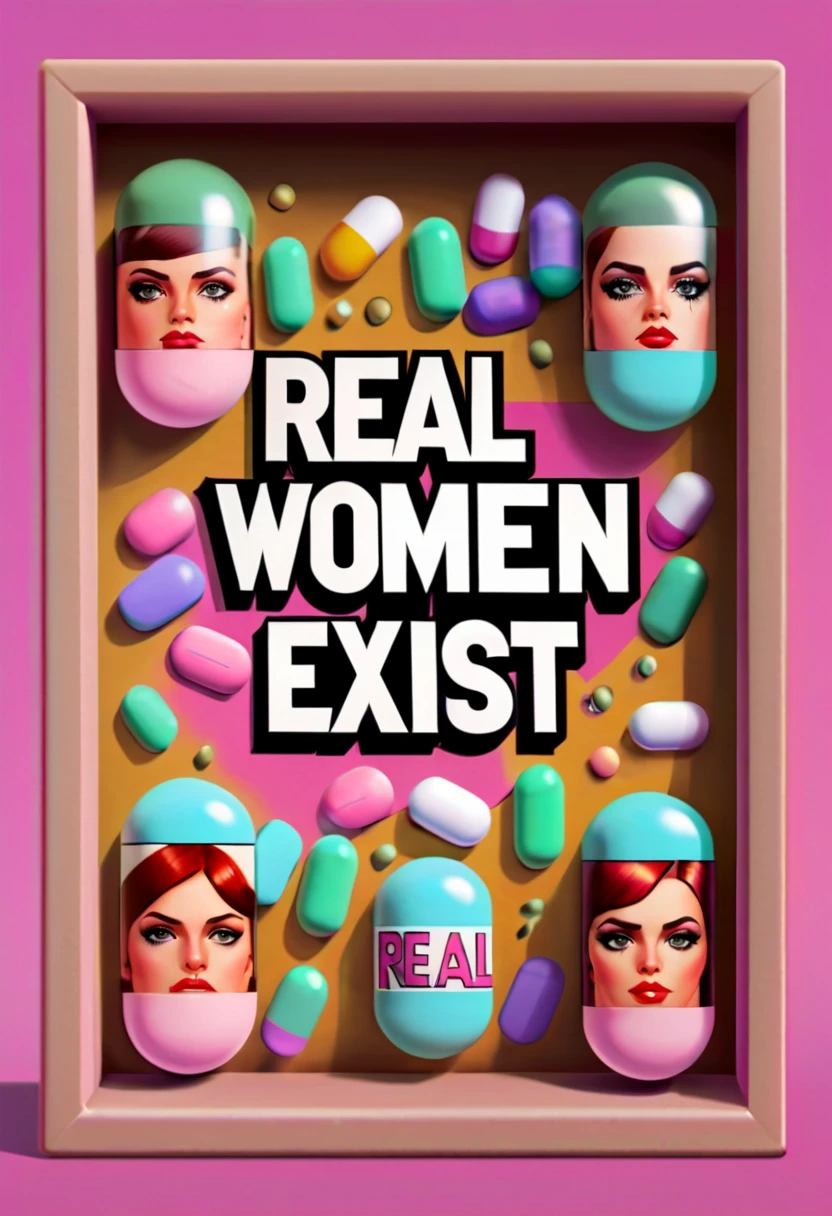 Capsuled, pillis, GTA characters style txt that says, " real women exist ", GTA characters faces inside a framed capsuled pills, framed, " real women exist " .