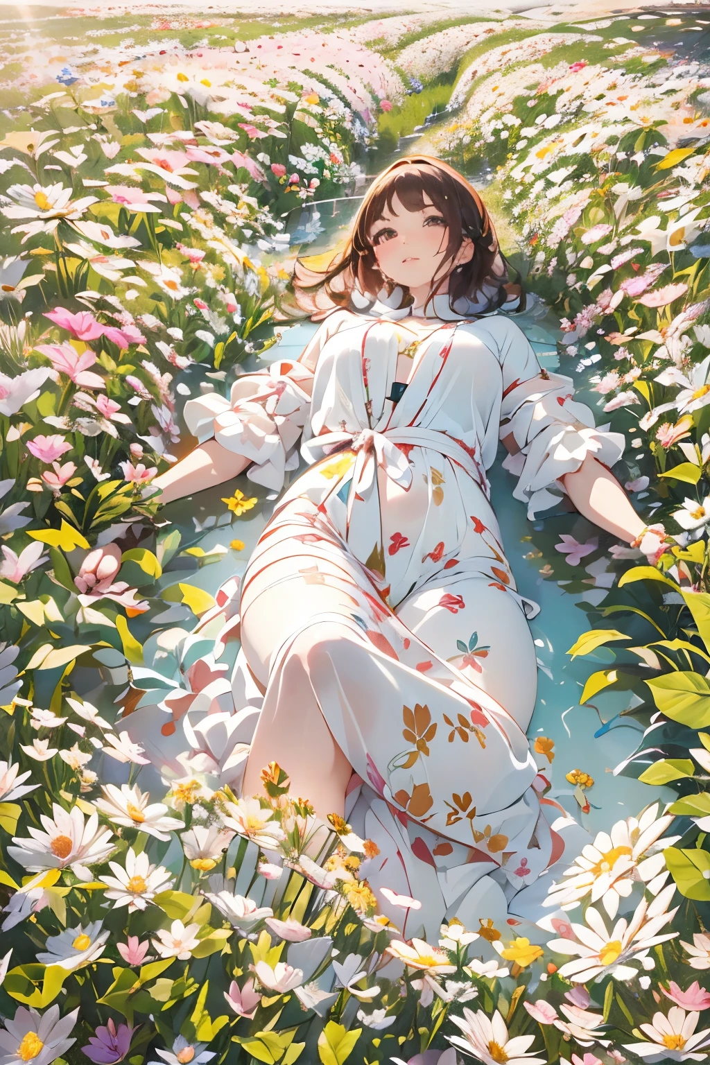 parfect anatomy、one girls、Very delicate and beautiful woman、short-hair、lying in a beautiful flower field、Colorful flowers々、Lying on your back、robe blanche、colorful flower、artistic、top-quality、ultra-detailliert、masuter piece、８ｋ、Captured from above、Professional Photographer、50ｍｍlens