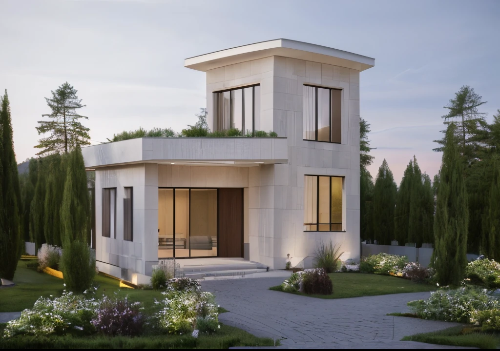 (masterpiece),(high quality), best quality, real,(realistic), super detailed, (full detail),(4k),8k,modern house exterior design,Modern architecture,Sandstone,whitewall,Beautiful_sky,Day light, no_humans, outdoors,sky,tree,Garden flower front of building,