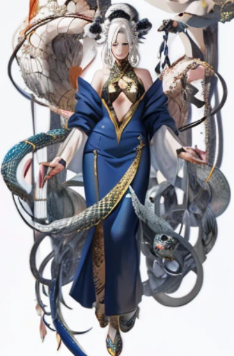 a hybrid woman, gorgon, snake body, beautiful woman, bone and gold adornments, Yang J concept art, pixiv, fantasy art, hybrid snake woman, queen of snakes, black queen of snakes, white-haired deity, woman snake, beautiful female gorgon, lamia, her many snakes for hair, snake-faced lady, full body xianxia, onmyoji detailed art, lilith