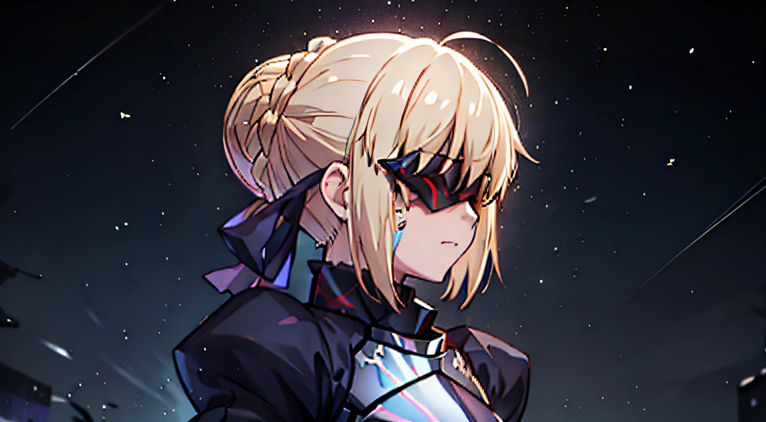 1girl, solo, alter, 8k, profile, letterboxed, ahoge, blonde hair, french braid, braid, hair bun, single hair bun, pale skin, visor, (mask), ((covered eyes)), Mask, corrupted mask, mask know alter, alter, dark, slit pupils, gorget, looking to the side, armor, black armor, faulds, adapted costume, plate armor, puffy sleeves, sidelocks, wind, breastplate, clawed gauntlet, facial mark, facial tattoo, portrait, close-up, armored dress, dark persona, aura, dark aura, simple