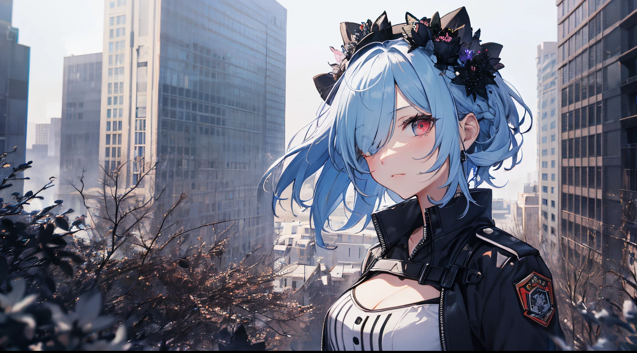 ((tmasterpiece:1.4, Best quality))+, (hyper-detailing)+, (exquisite red eye:1.5)+, (Detailed ears:1.5), (cute girls), (The shirt,a white long skirt:1.5), Tight white silk, Short hair details, long braid,Bite your hair,no headwear,(Black flowers:1.2), pale-skinned, (white cloth:1.5), (Black Martin boots:1.4), old castle,Black dead trees around, The whole city shrouded in thick fog,Mechanicalweapon,城市,Giant black crystals are scattered throughout the city,Looking up at tall buildings from the street,Flying dust,(police officer:1.1), (dawn light:1.2), ), (closeup cleavage:1.1), the only person, bell, bright blue hair, hair covering one eye, V-shaped eyebrows, Gloom (Expressing the), from back, from the above, Best quality, A high resolution, high detal, high high quality, 16k