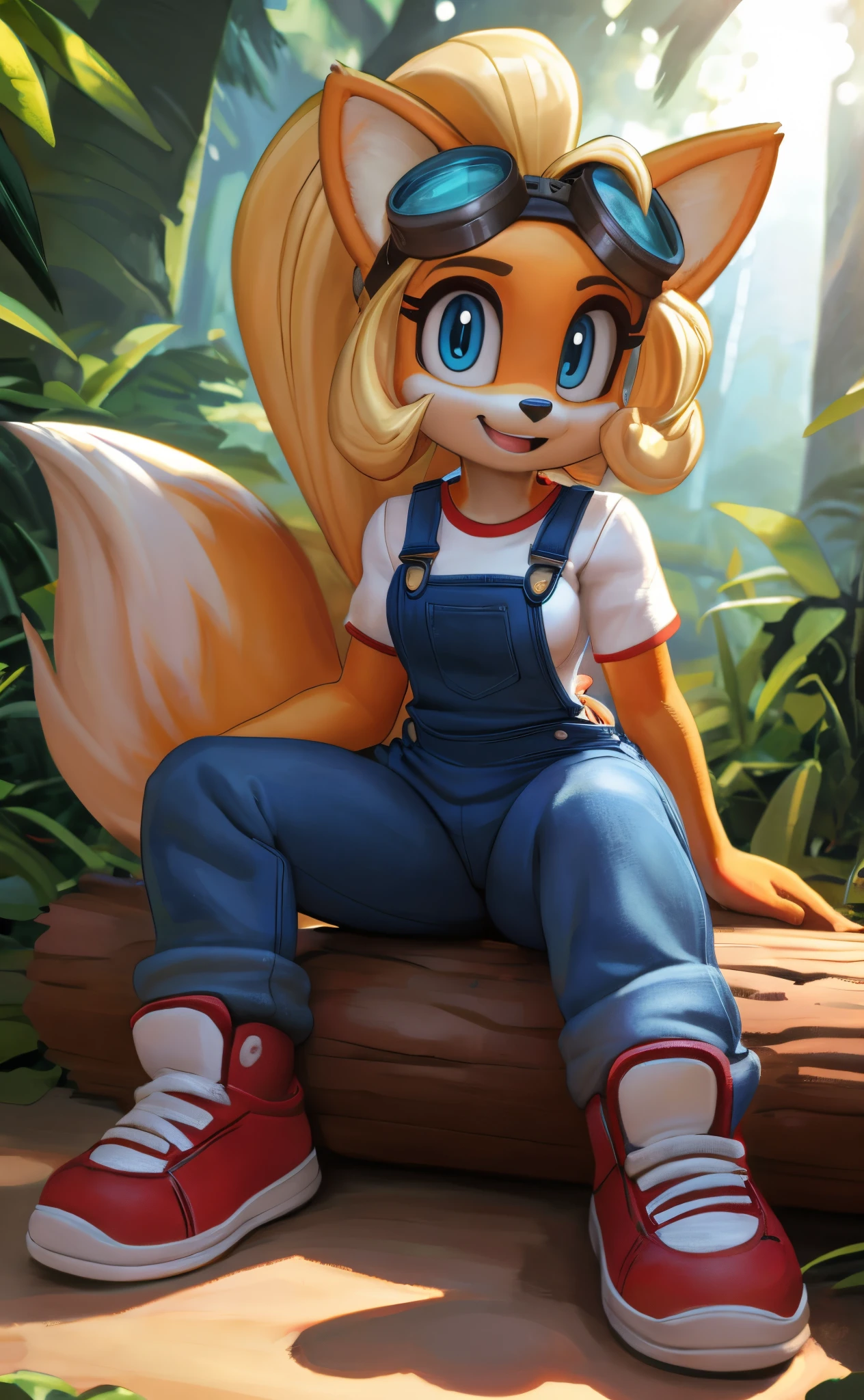 [miles tails prower], [Coco bandicoot], [Uploaded to e621.net; (Pixelsketcher), (wamudraws)], ((masterpiece)), ((HD)), ((solo portrait)), ((full body)), ((front view)), ((shoes visible)), ((furry; anthro)), ((detailed fur)), ((detailed shading)), ((beautiful render art)), (intricate details)), {anthro fox; yellow fur, (white furry snout), black nose, (cute blue eyes), (pink eyeshadow), blonde curly hair, curly ponytail, (two long fluffy fox tails), (small boobs), (curvy hips), (excited smile), (mouth open)}, {(white shirt), (blue denim overalls), (tight pants), (red sneakers), (goggles on head)}, {(sitting on log), (hands on head), (looking at viewer)}, [background; (tropical forest), (trees), (beaten path), (blue sky), (sun rays)]