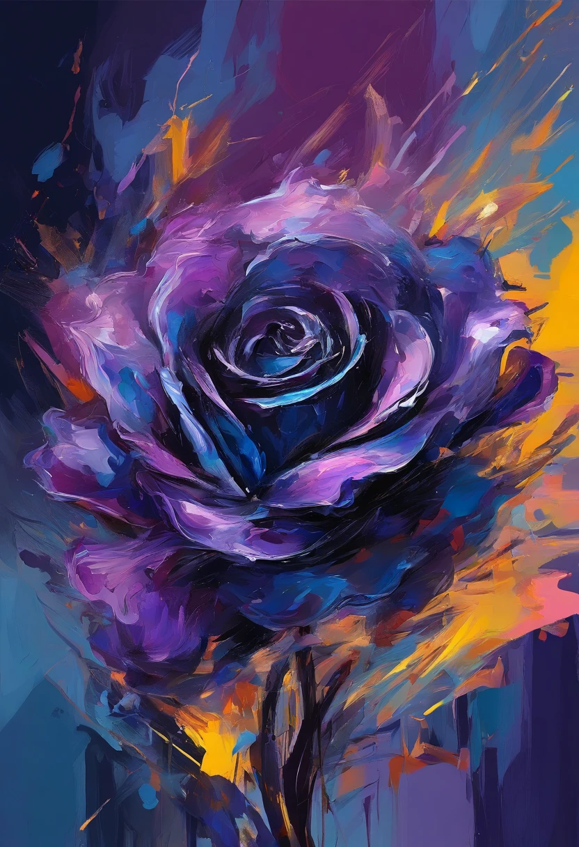 Draw an abstract painting of a single flower.,deep black rose flower、use acrylic paint、Abstract artist known for his unique use of acrylic pouring, real brush strokes，aesthetic composition，Minimal style, heavy controlled strokes、Overwhelming shape、deep mysterious beauty, deep black rose flower、It strongly symbolizes the despair and sadness of the work.....: dark blue-purple.、Add moist compacted sand、Enhances the texture and tactile elements of your artwork, While staring at this image, oot、Interaction of color and texture、feel hopeless、whirlpool of despair、isolated in despair