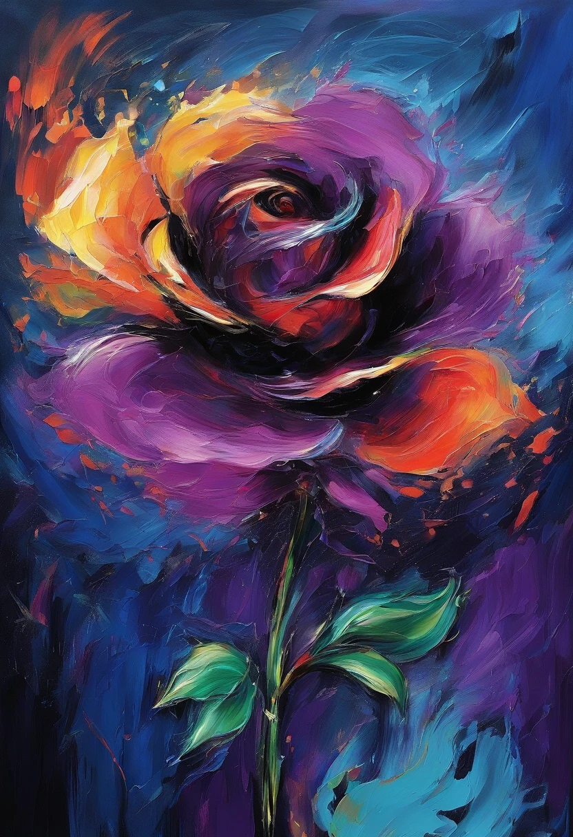 Draw an abstract painting of a single flower.,deep black rose flower、use acrylic paint、Abstract artist known for his unique use of acrylic pouring, real brush strokes,aesthetic composition,Minimal style, heavy controlled strokes、Overwhelming shape、deep mysterious beauty, deep black rose flower、It strongly symbolizes the despair and sadness of the work.....: dark blue-purple.、Add moist compacted sand、Enhances the texture and tactile elements of your artwork, While staring at this image, oot、Interaction of color and texture、feel hopeless、whirlpool of despair、isolated in despair