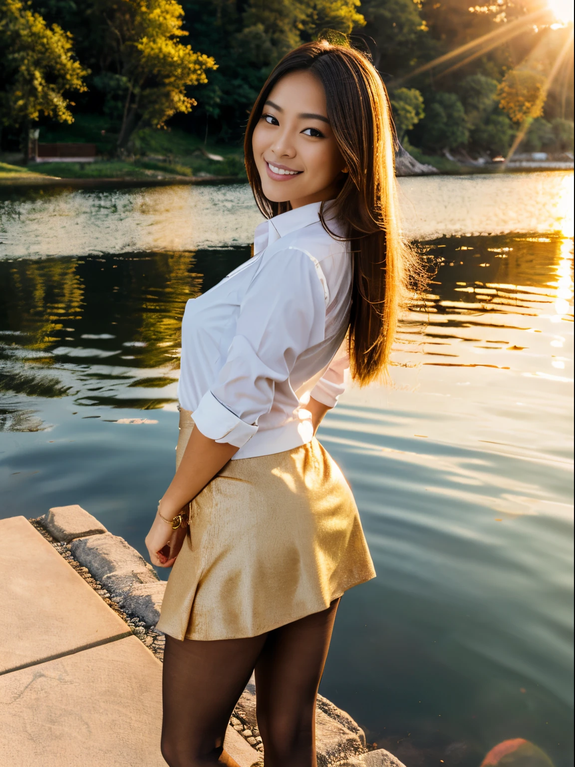 Show entire body, full body view, feet in view, Gorgeous Asian female, long blonde hair, tight button down shirt, very short skirt, black pantyhose, canvas shoes, outside, sunny day, sunlight shining on legs, cute smile, serene lakeside at dusk, where the last rays of sunlight gently caress the water's surface, creating a shimmering reflection. The scene enveloped in a soft, golden hue from the setting sun. The camera positioned slightly above eye level, capturing the picturesque view with a slight tilt downwards to emphasize the tranquility of the setting. The lighting natural, casting warm shadows that add depth and realism to the surroundings.