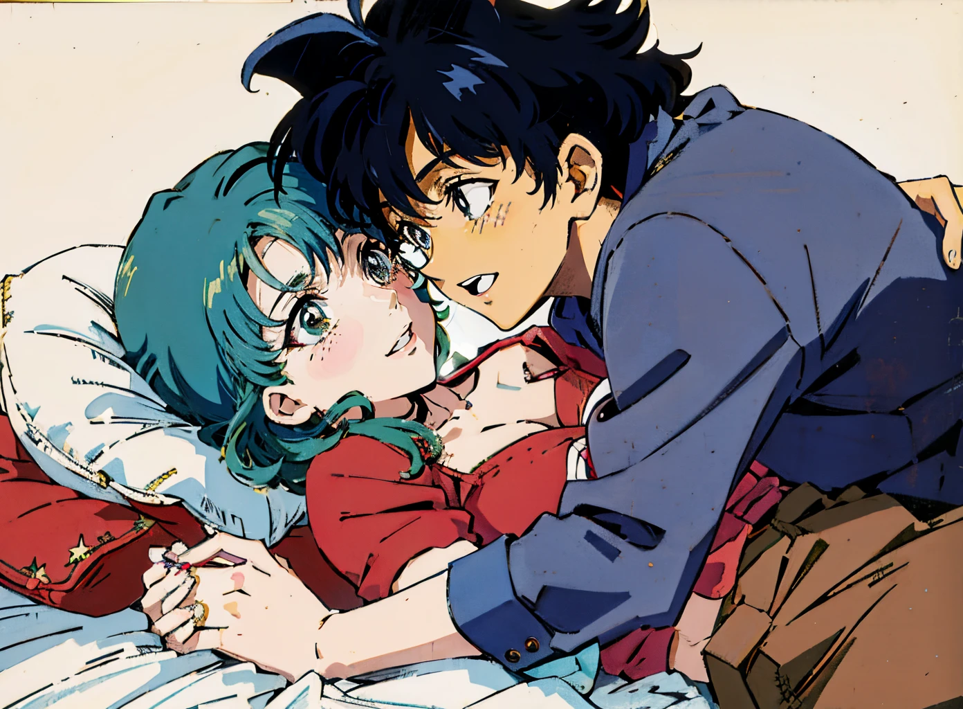 personagens de anime deitados em uma cama com um travesseiro e um travesseiro, 9 0 s estilo de arte anime, , sorrisos